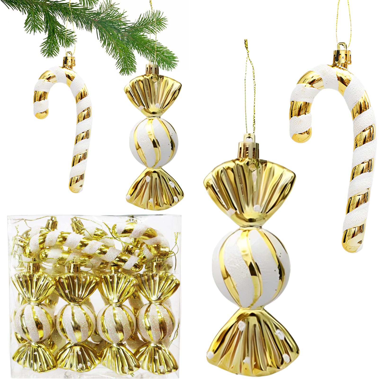 12 Piezas Brillo Decoraciones del árbol de Navidad de Oro, XXL Navidad Adornos Bastones de Caramelo decoración, Adornos del árbol de Navidad de Oro Blanco para la decoración del árbol de Navidad