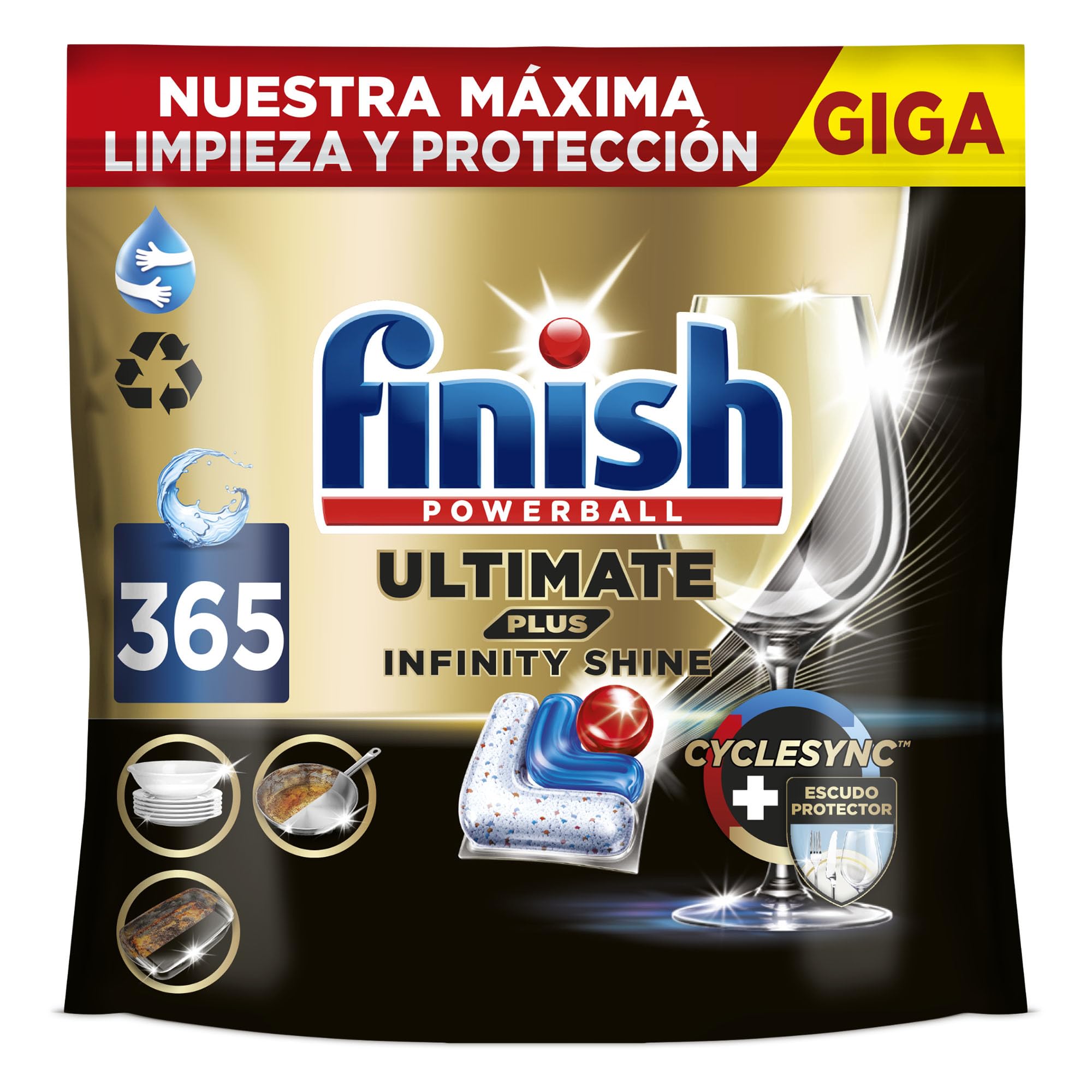 Finish Ultimate Plus Infinity Shine, Pastillas para el Lavavajillas, Limpieza intensiva, brillo diamante + protección vajilla, 365 Pastillas