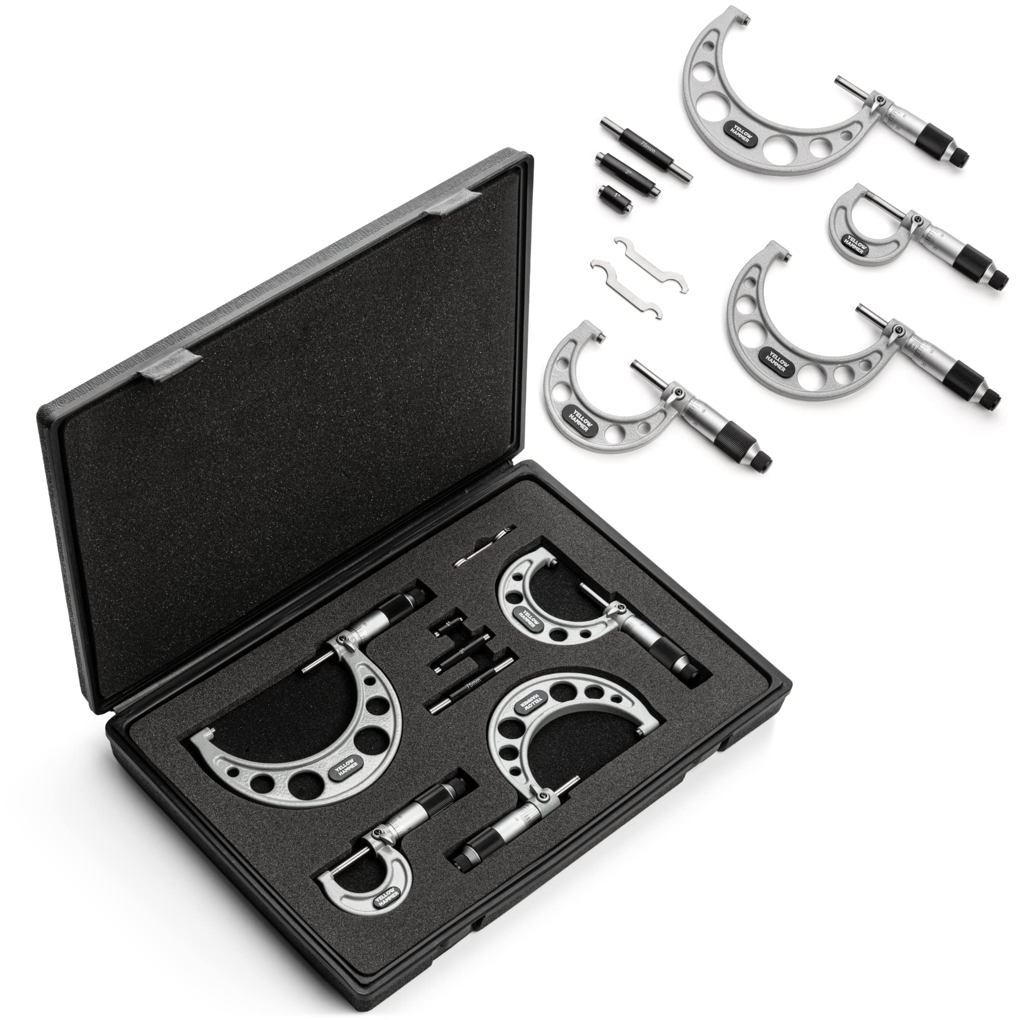 Yellowhammer Ultra Precision 4 Piece Outside Micrometer Set with 0-1", 1-2", 2-3", 3-4" Measuring Ranges, 0.0001" Accuracy, 3 calibration standards (1", 2", and 75mm) and calibration wrenches