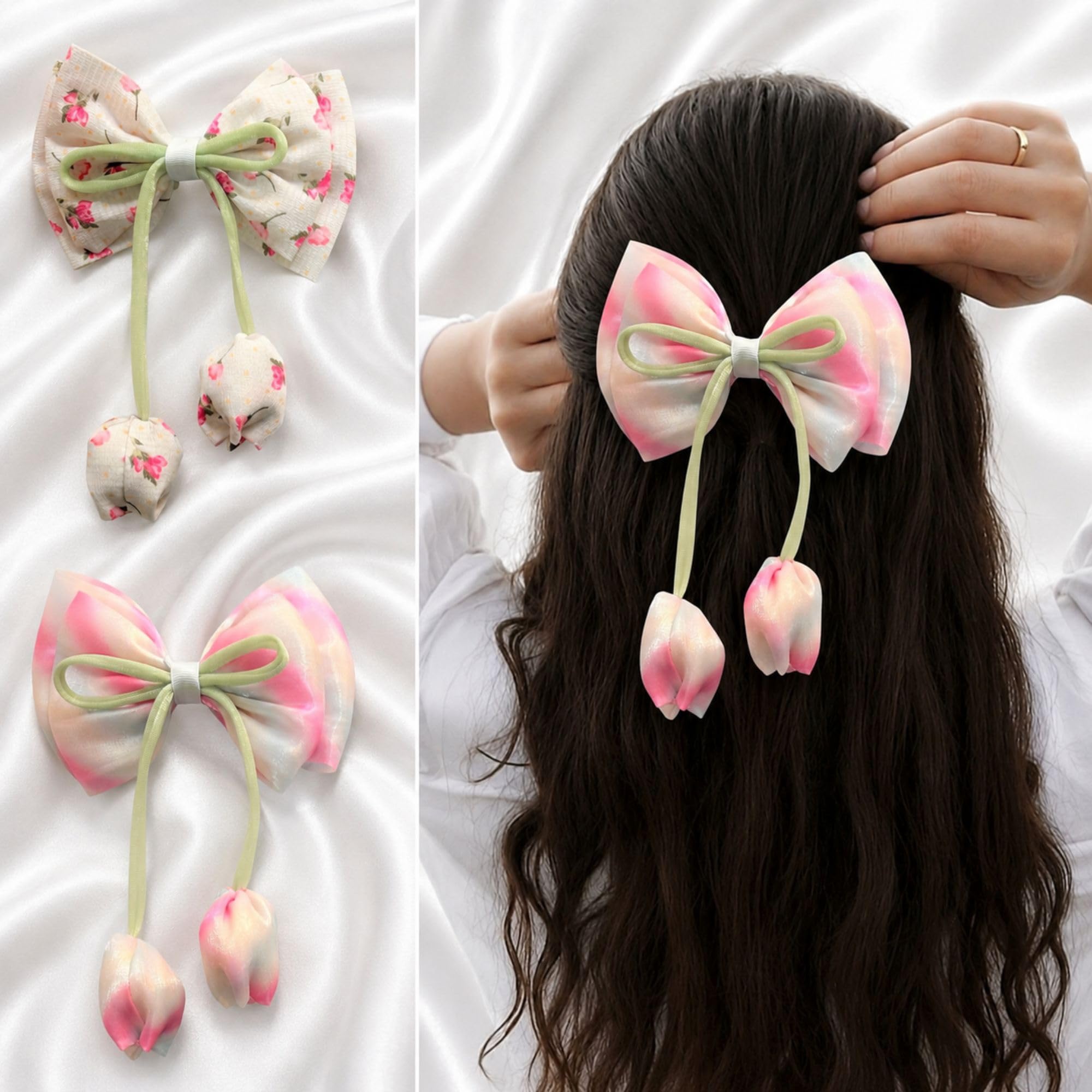 Pack of 2 pcs Floral Hair Bow with Hanging Tulips, Cute hair accessories for women & girls-image-33