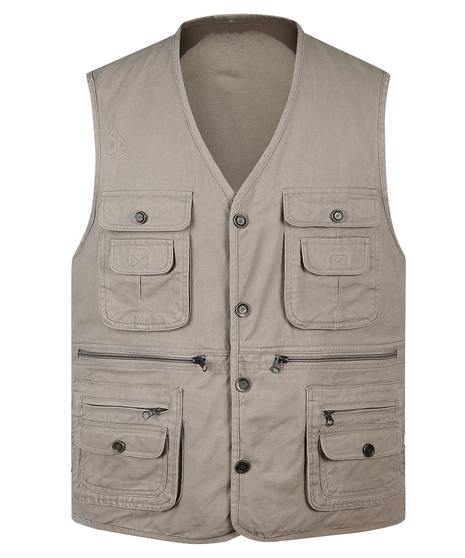 Gilet Sans Manche Multipoches Homme Gilet Voyage Sport Boutons Gilet de Pêche Photographie Veste pour Camping Pêche Chasse, Beige, XXL