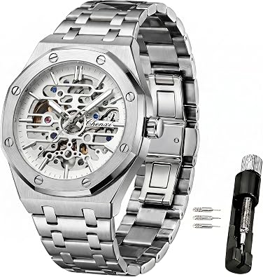 Verhux Automatic Watches for Mens Gold Skeleton Luxury Mechanical Classic Original Stainless Steel Waterproof Wrist Watches Black Silver Tone