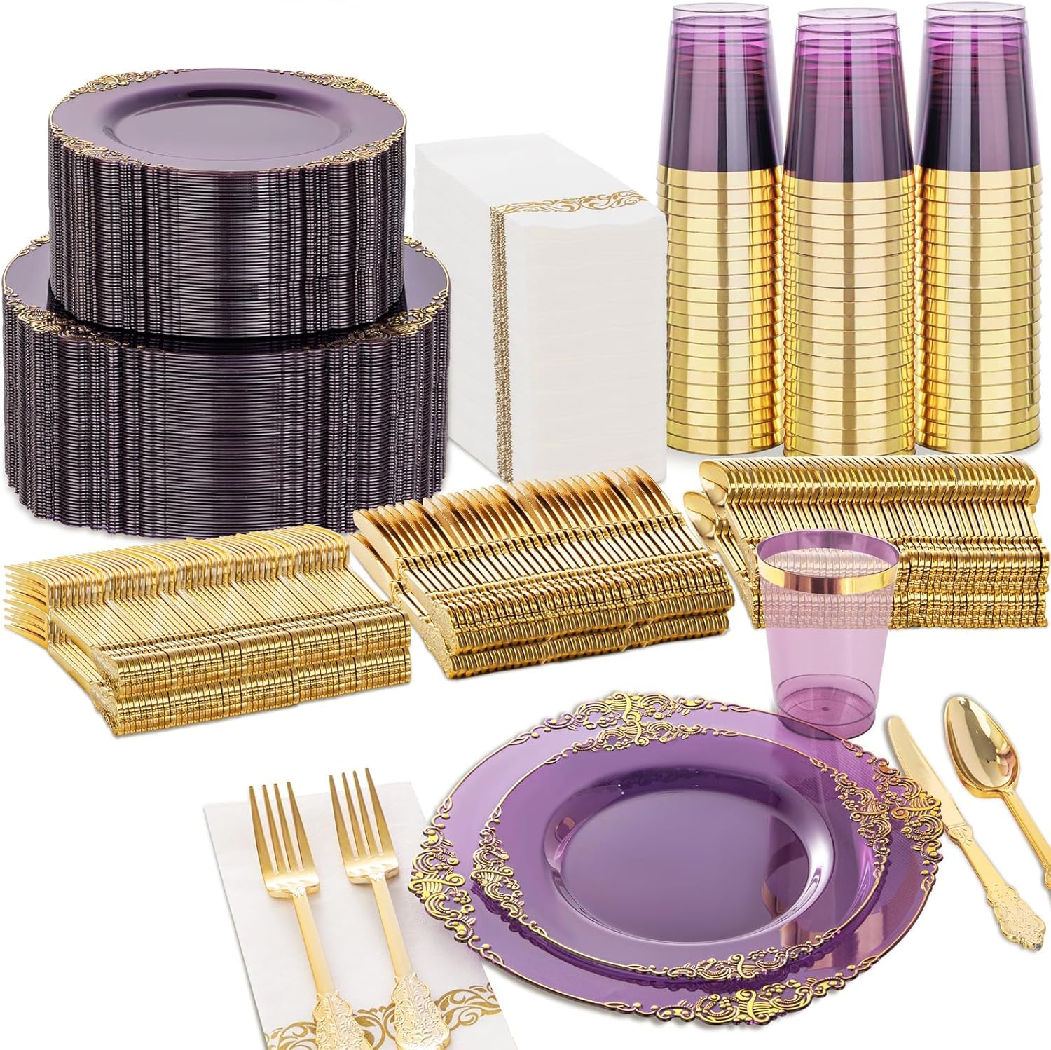 Gold Disposable Plates - 50 Guest Dinnerware Set -20 Gold Disposable Plates - 50 Guest Dinnerware Set -20