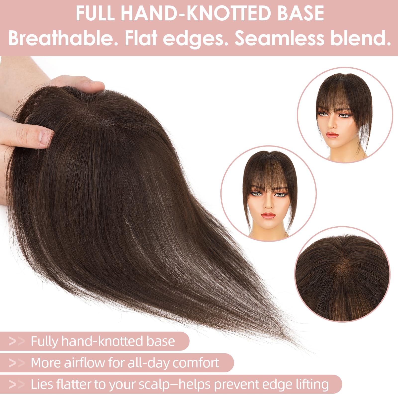 Silk-co Hair Topper Echthaar mit Pony, 8x11cm handgebunden Basis Toupet Damen, Clip in Haarteile mit Spitzen-Seidenbasis, 16g