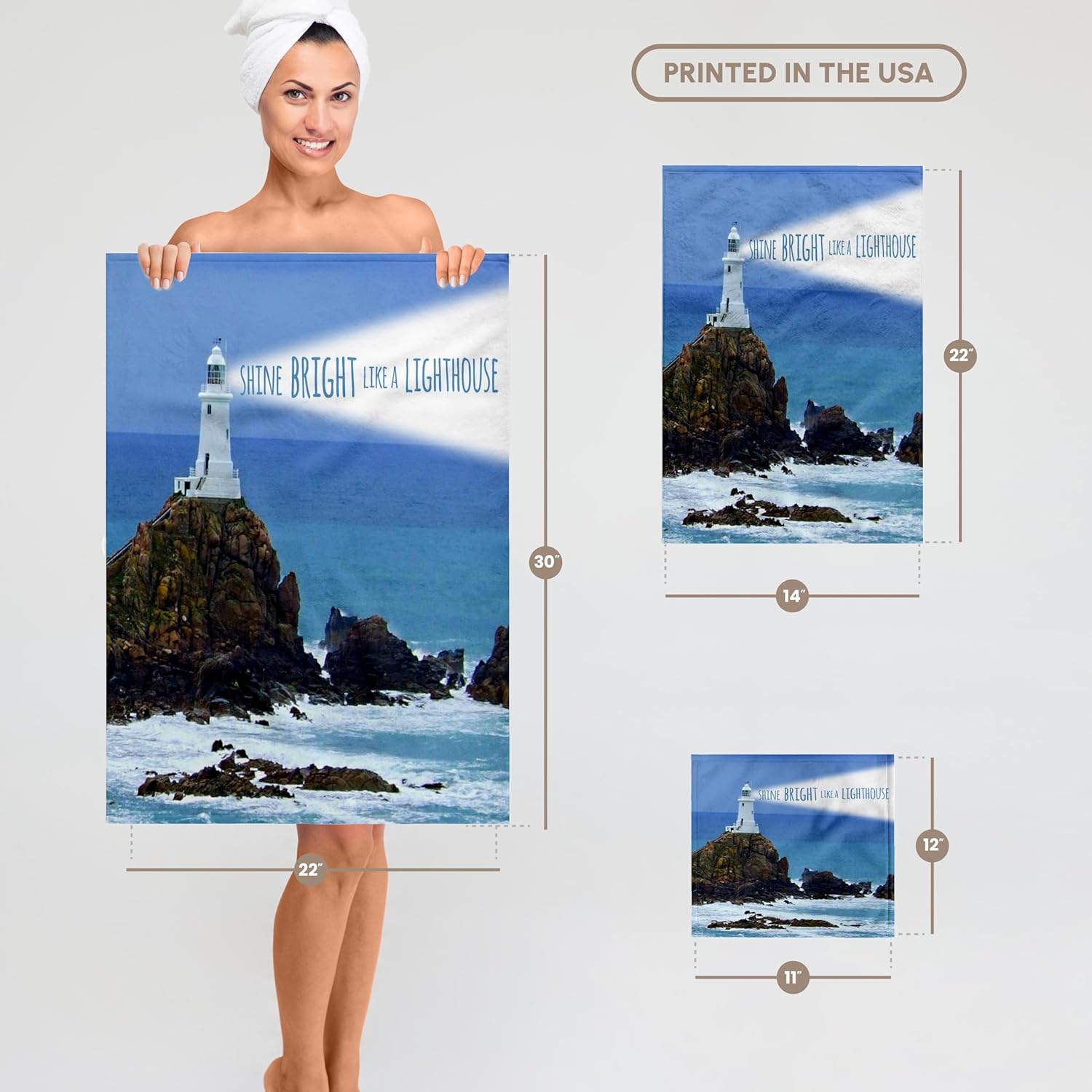 3dRose Shine Bright Like a Lighthouse - Inspiring Motivational Motivating Nautical Word Saying Light House 22x30 Bath Hand Pool Towel