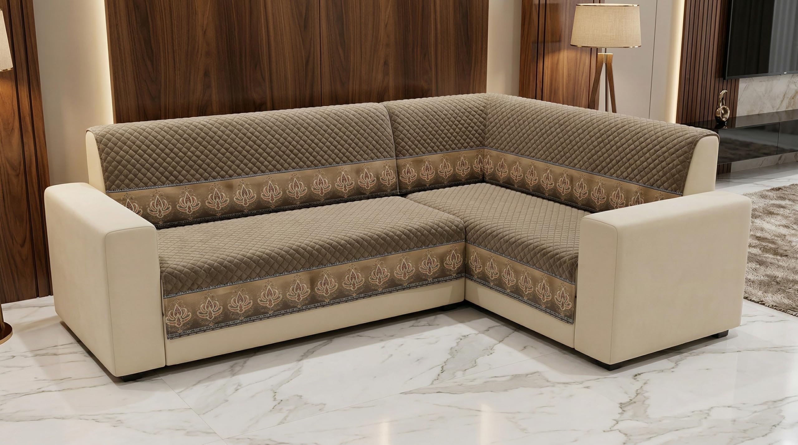 Velvet Sofa Cover L Shape 7 Seater 4+3, Plain Mud Brown | Snug elastic fit with non skid base for corner sectional sofas, machine washable, guards from stains and pet hair-picture-18
