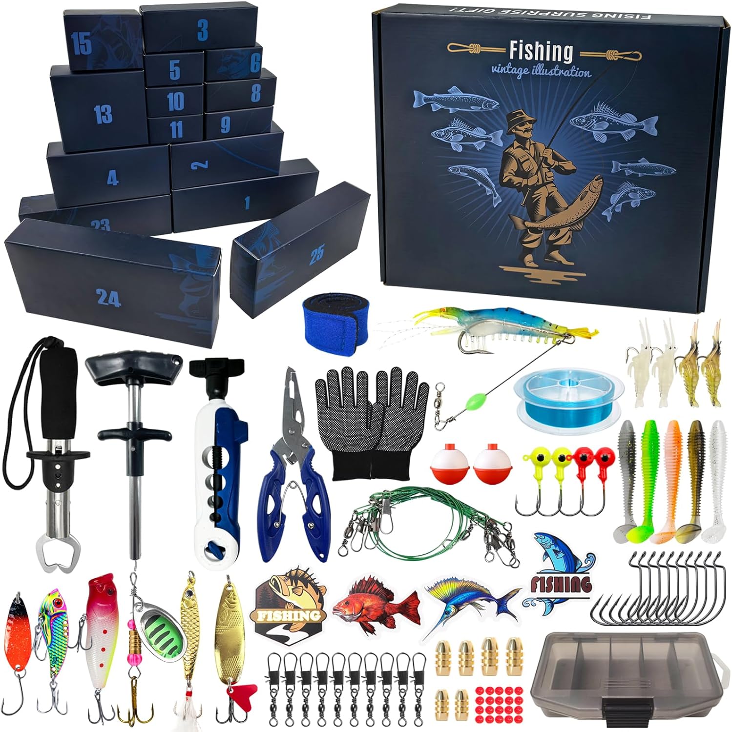 Fishing Lure Advent Calendar 25 Days Fishing Gear Kit for Fisherman Anglers, Surprise Gifts for Men Husband Father Grandpa Brother