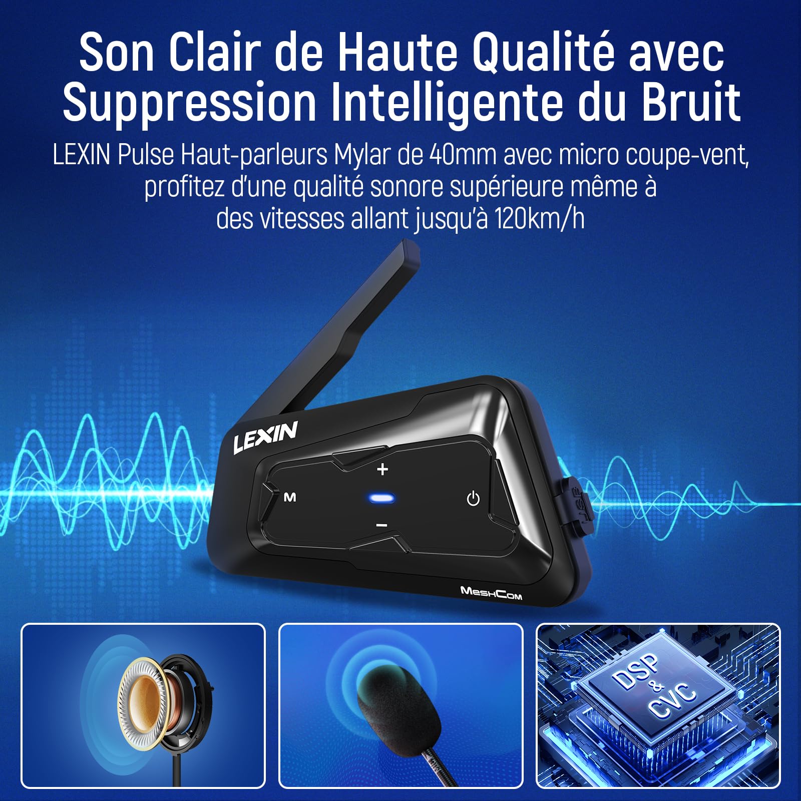LEXIN MeshCom Intercom Moto de Mesh 3.0 & Bluetooth 5.1, pour 1-24 Motards | Multitâche-Audio, Partage de Musique, 1000mAh Batterie, 40mm Haut-parleur, Assistant Vocal, Interphone pour Moto/Motoneige
