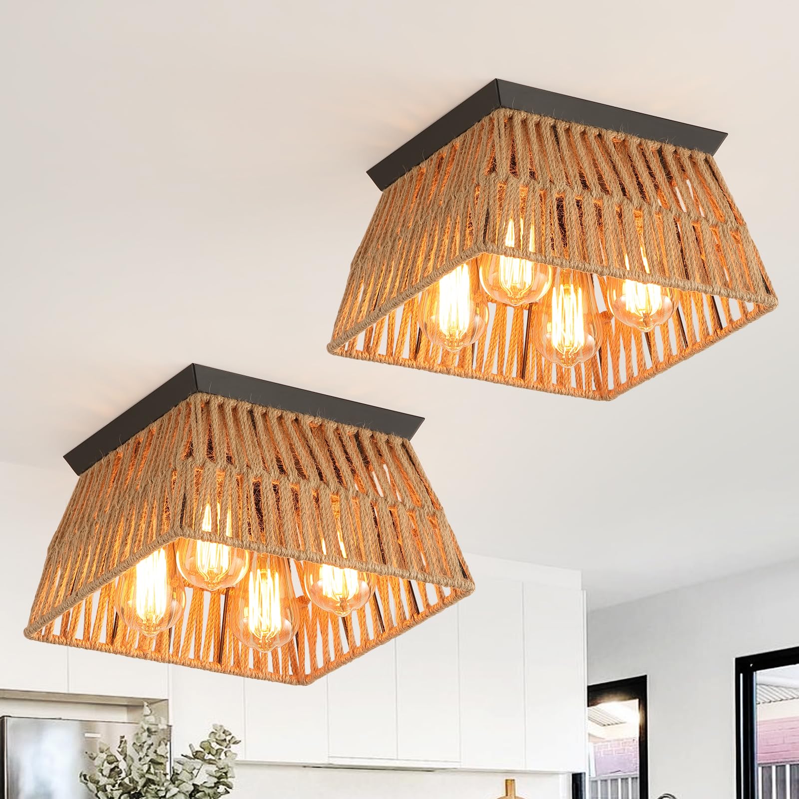 2 Pack 4-Light Coastal Woven Flush Mount Ceiling Light Fixture Boho Rustic Hemp Rope Square Cage Semi Flush Mount Ceiling Light for Hallway Hall Entry Bedroom Kitchen Farmhouse Beach, Black