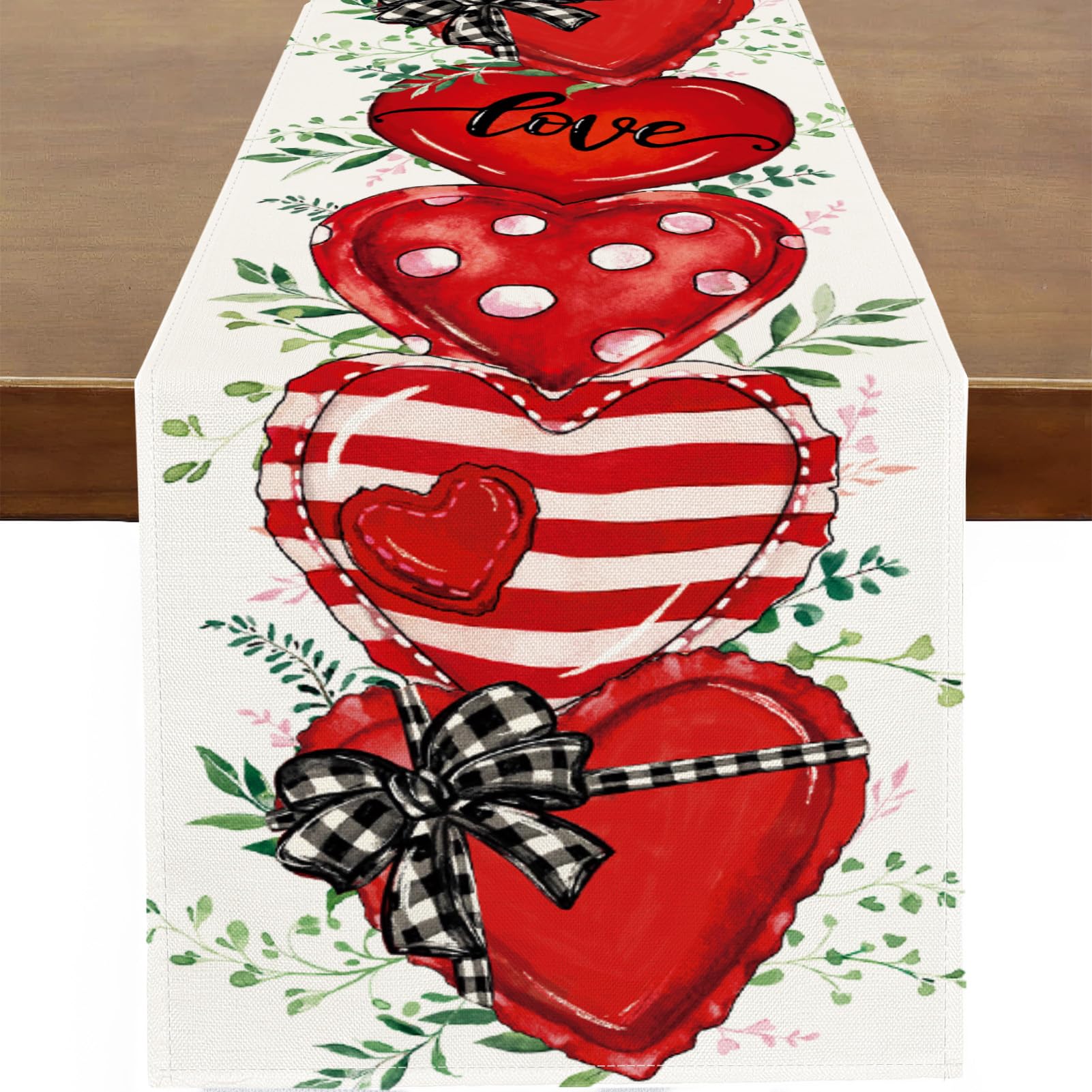 Baccessor Valentine's Day Table Runner Eucalyptus Leaves Love Hearts Runner for Table Kitchen Dinning Table Decor for Wedding Anniversary Party Holiday Home Valentine Decor 13x108 Inch
