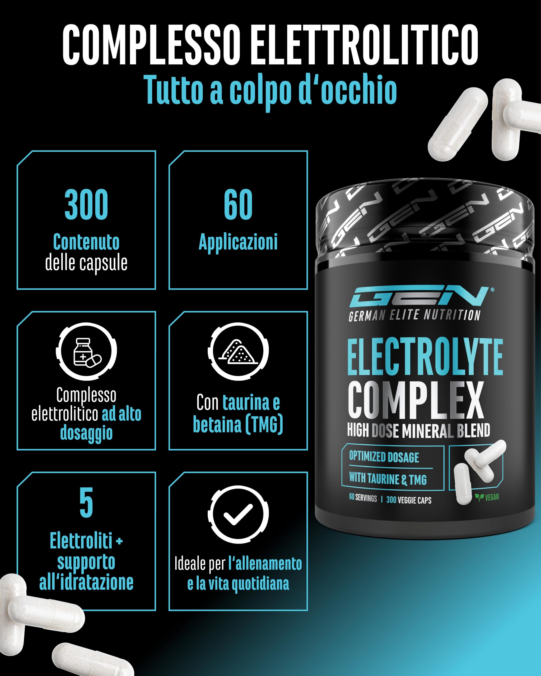 Electrolyte Complex - 300 Capsule Vegane - Complesso di Elettroliti Alto Dosaggio con Taurina e Betaina (TMG) - Sodio, Potassio, Magnesio e Calcio - 60 Porzioni - Alternativa alla Polvere