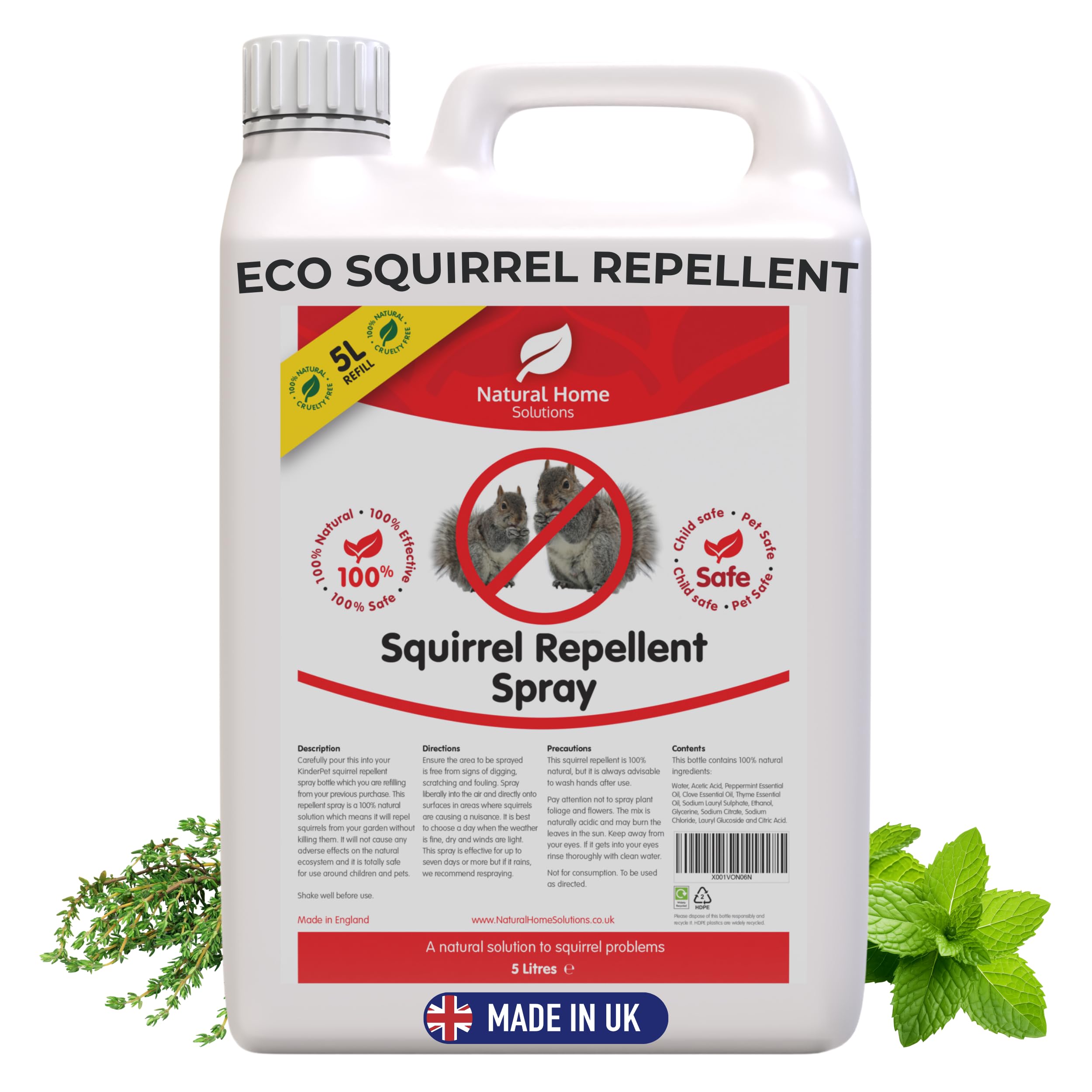 Squirrel Rodent Repellent Spray Premium Eco-Friendly Natural 5L Refill Peppermint Clove Thyme Essential Oils Made in The UK