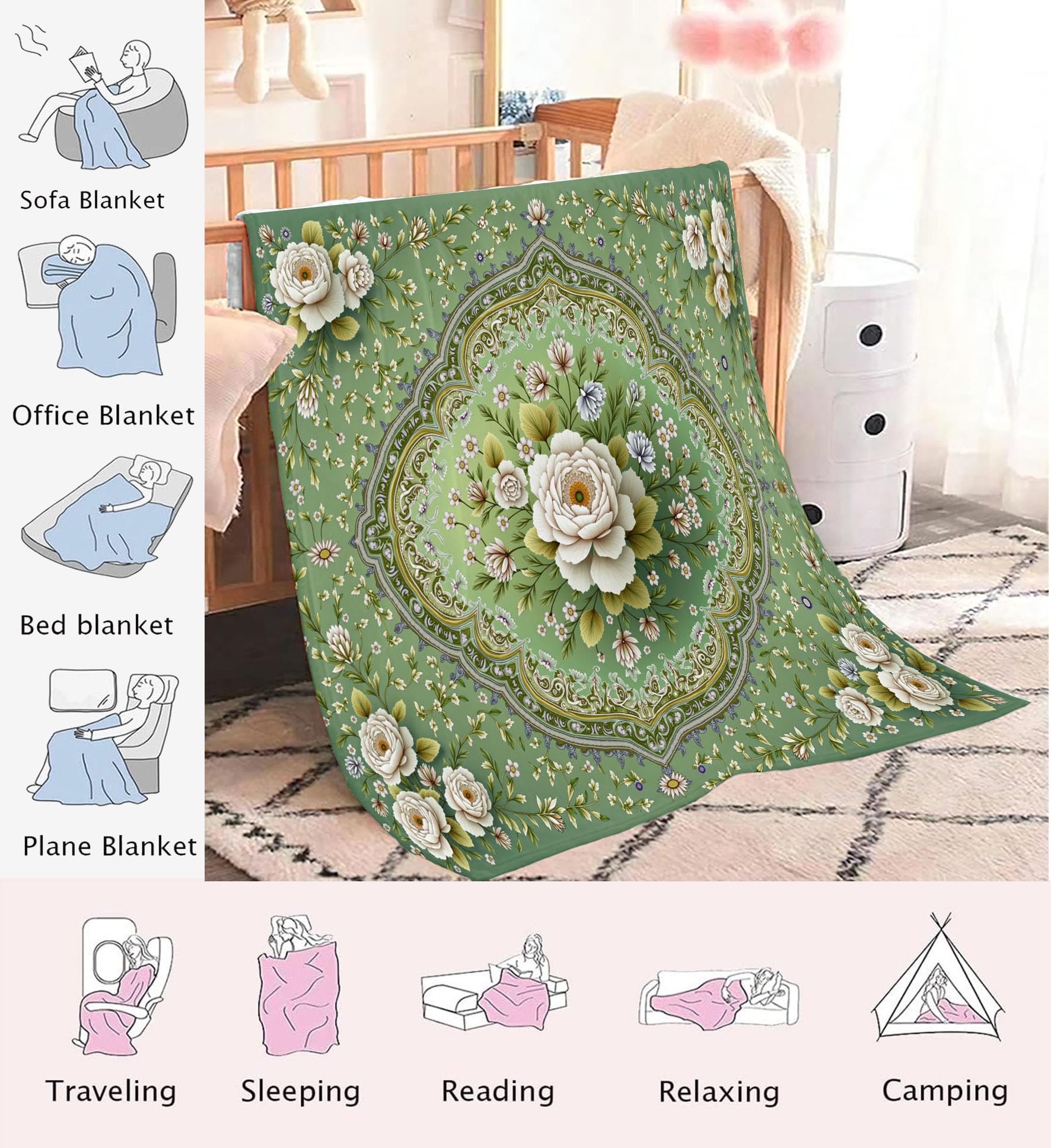 Versátil Manta De Peluche Verde Salvia 220X240Cm Manta Floral Geométrico Mantas Acogedora Botánicos Orientales Mullida Colchas Sofá Mantas De Franela Decorativa para Camas Infantiles Silla