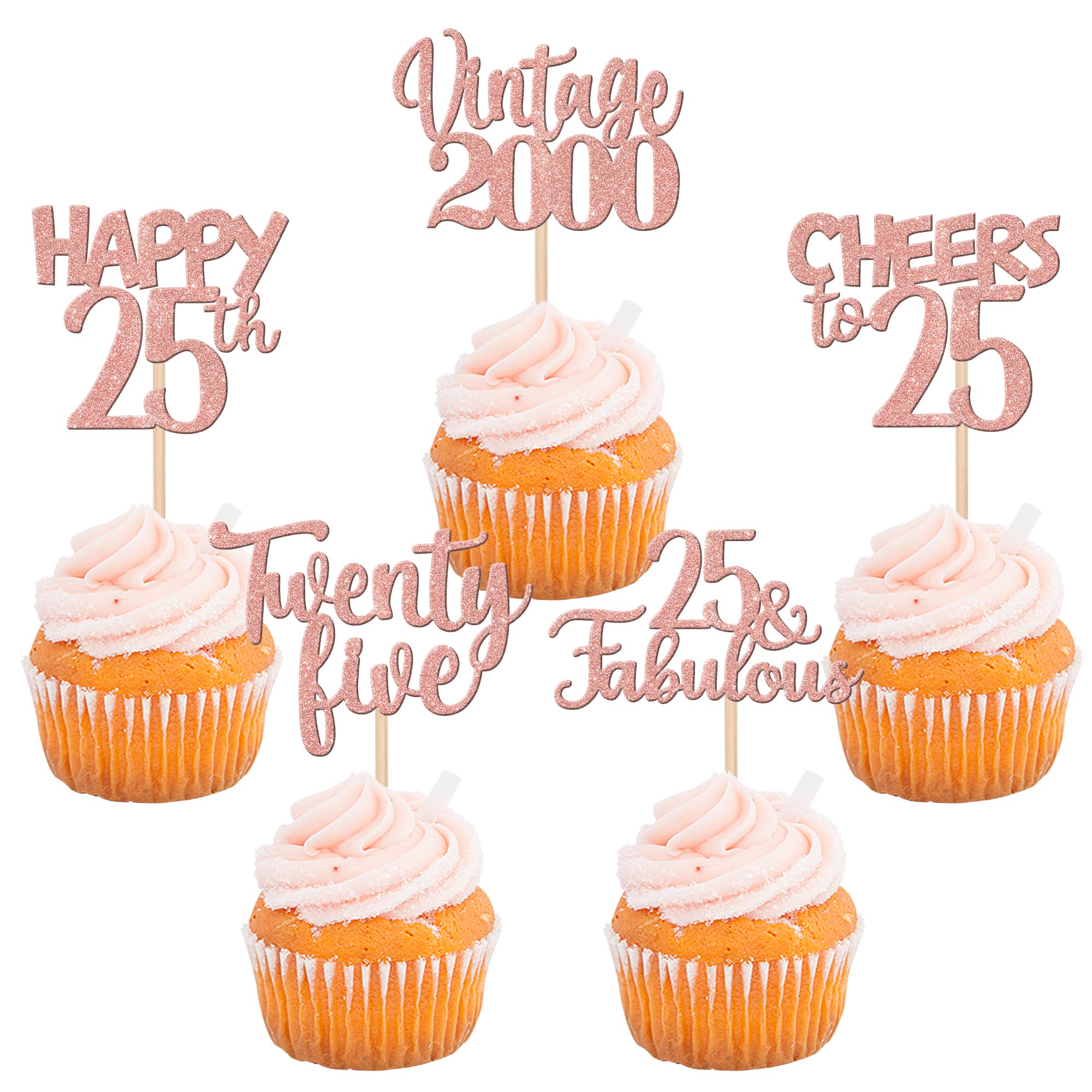 30PCS Happy 25th Birthday Cupcake Toppers Glitter Twenty Five 25 Fabulous Vintage 2000 Cupcake Picks Cheers to 25 Years for 25th Birthday Anniversary Party Cake Decorations Supplies Rose Gold