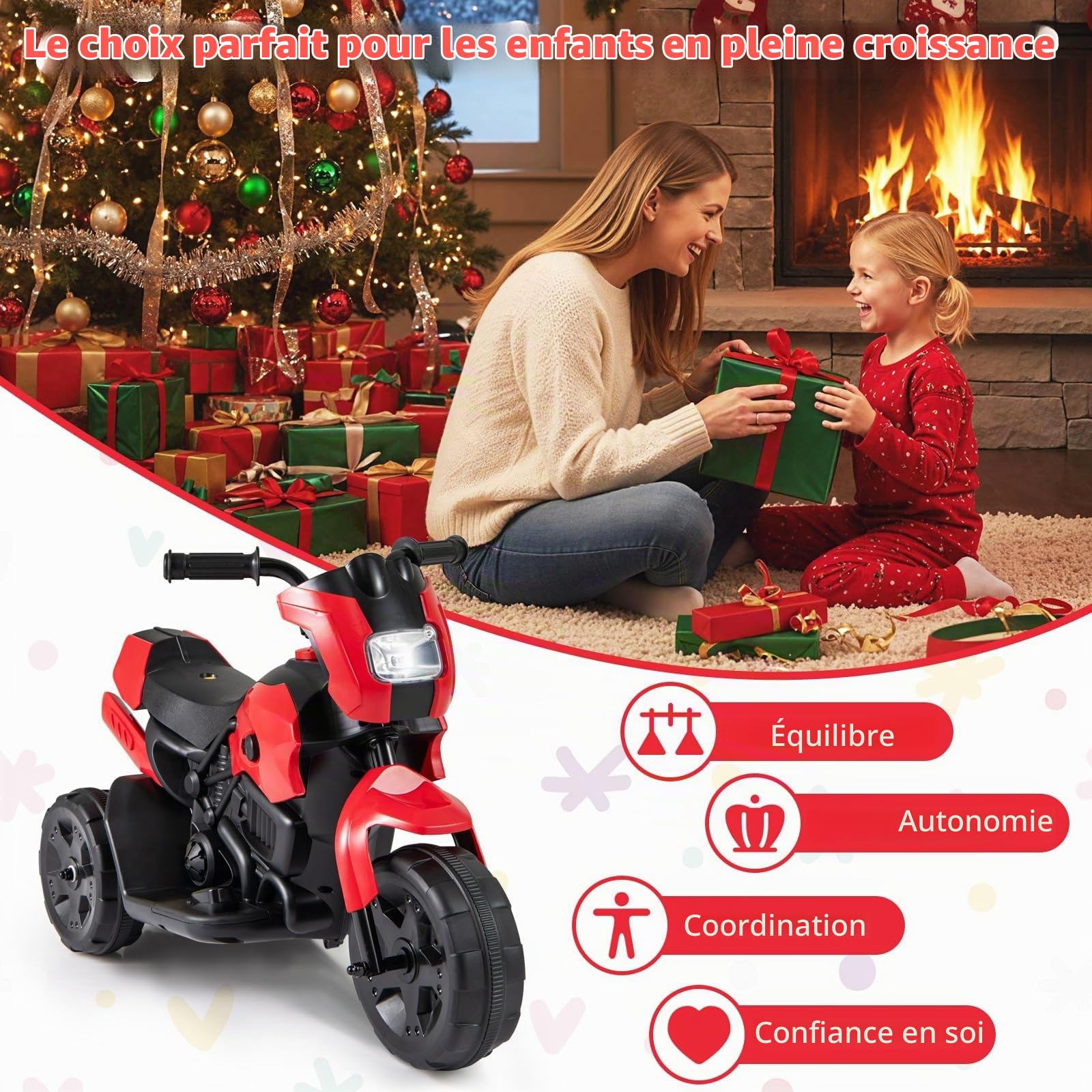 GOPLUS 6V Moto Électrique Enfants 3-6 Ans à 3 Roues, Voiture Electrique Enfant Phare LED, Pédale, Direction Limitée, 2-3 km/h pour Enfants Filles et Garçons, Charge 20KG (Rouge)