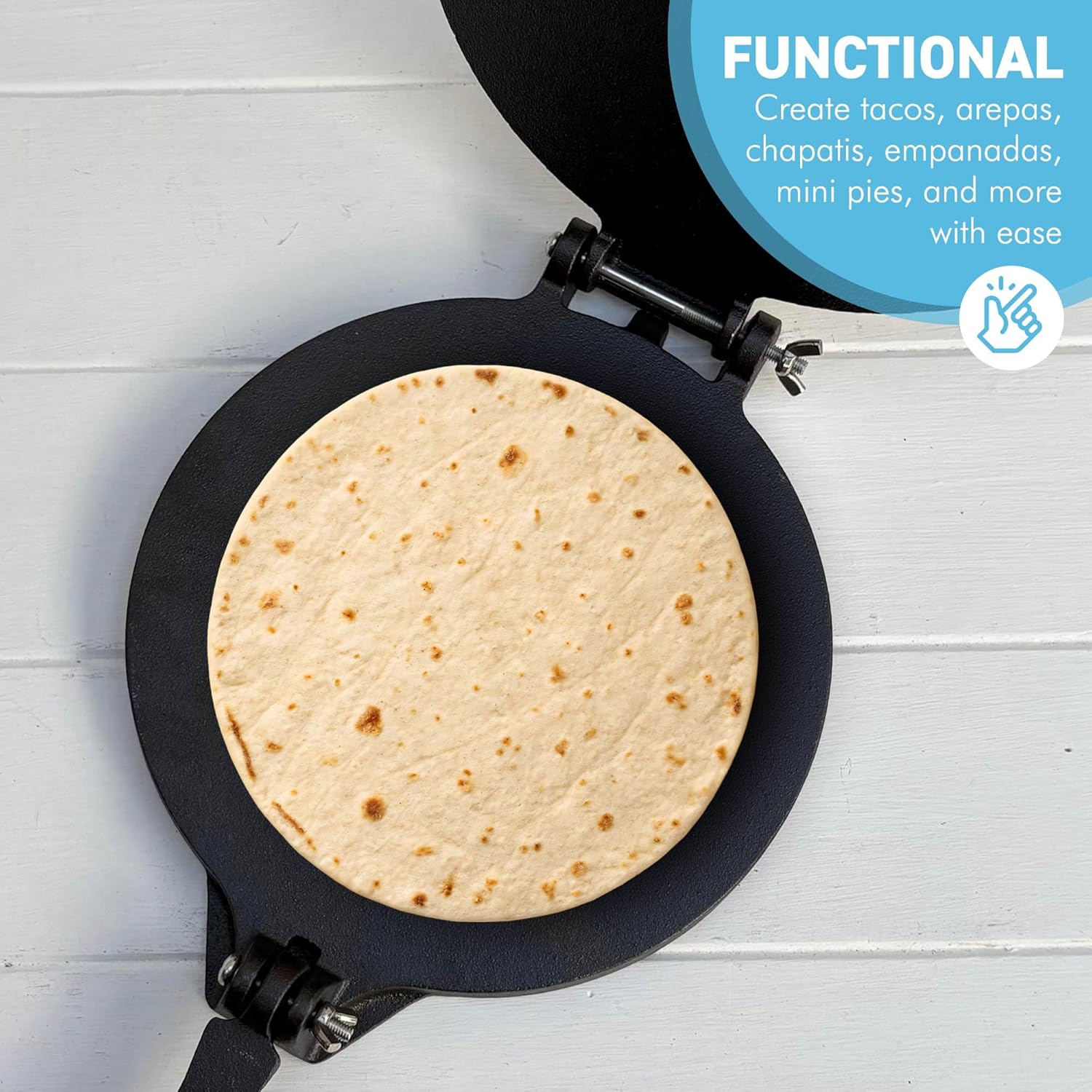 Premium 8" 𝗖𝗔𝗦𝗧 𝗜𝗥𝗢𝗡 𝗧𝗢𝗥𝗧𝗜𝗟𝗟𝗔 𝗣𝗥𝗘𝗦𝗦 – Heavy Duty Roti Maker, Taco & Quesadilla Press, Manual Dough Press, Non-Stick, Durable Kitchen Tool