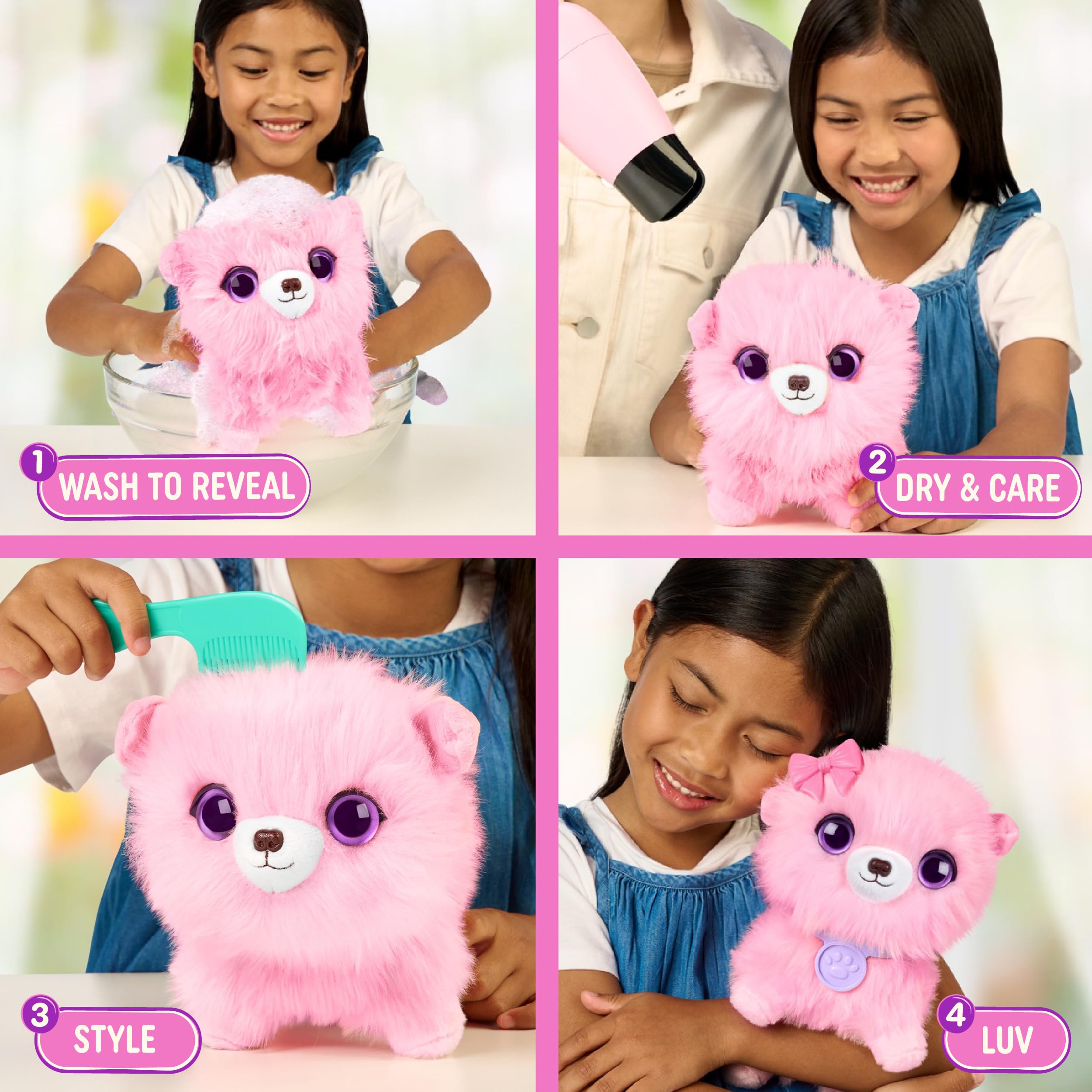 SCRUFFALUVS Pink Surprise Pet, Mystery Plush Toys, Stuffed Animals, Wash to Reveal 1 of 3 Rescue Surprise Toy Pets: Puppy, Bunny, or Kitty - Includes 8.7" Deluxe Carrier - Styles May Vary - 4