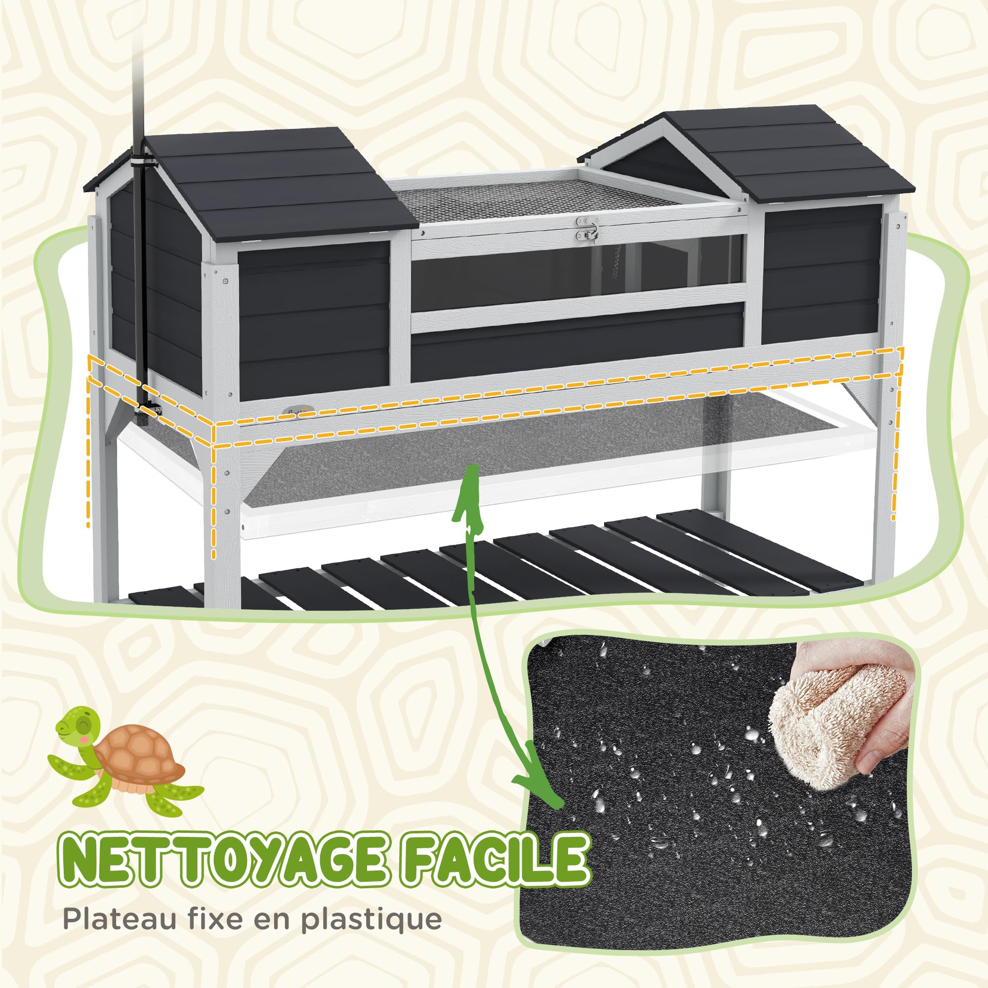 PawHut Tortuguera de Exterior, tortuguera de Madera, 2 nichos, portalámparas Ajustable, Techo practicable, Jaula para Tortugas terrestres, Ventana acrílica Transparente, Gris