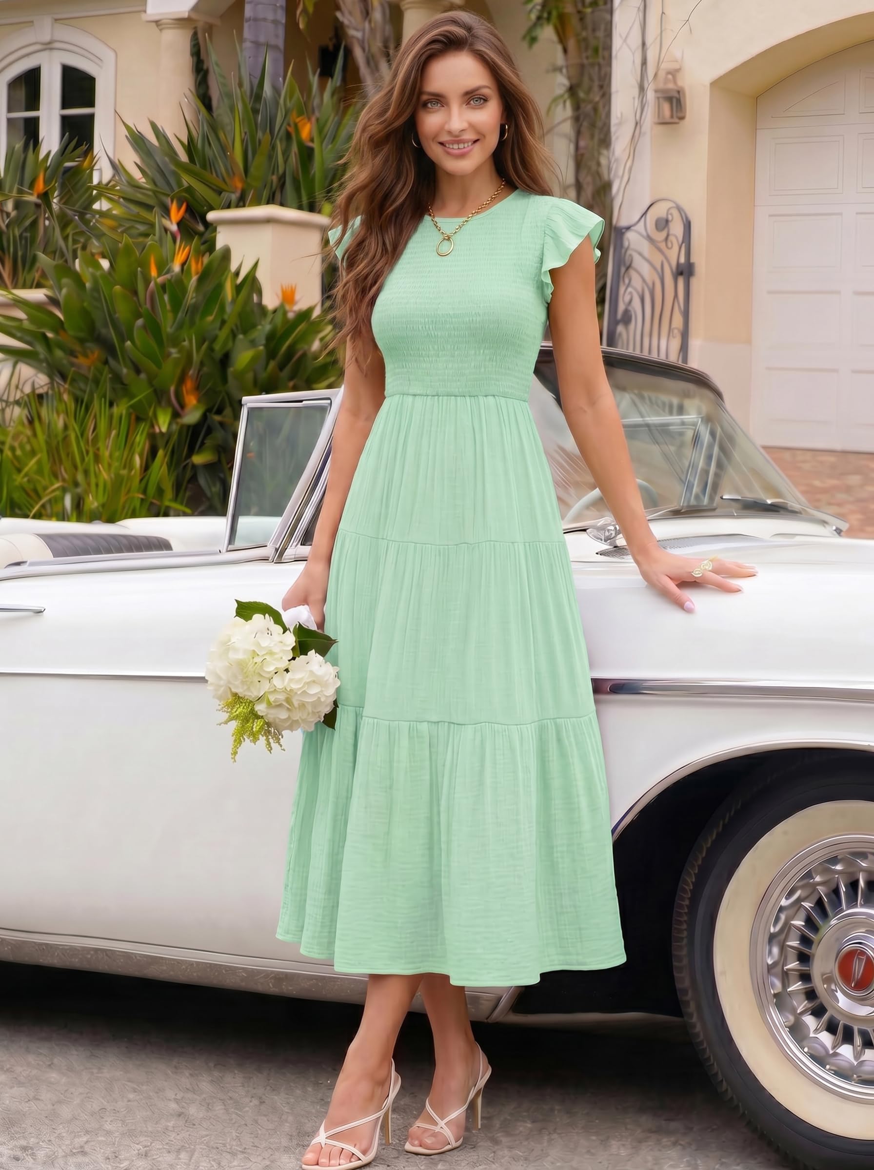 ZESICA - Vestido de Manga Corta con Volantes y Manga Corta para Mujer, Cuello Redondo, Fruncido, Cintura elástica, Verano