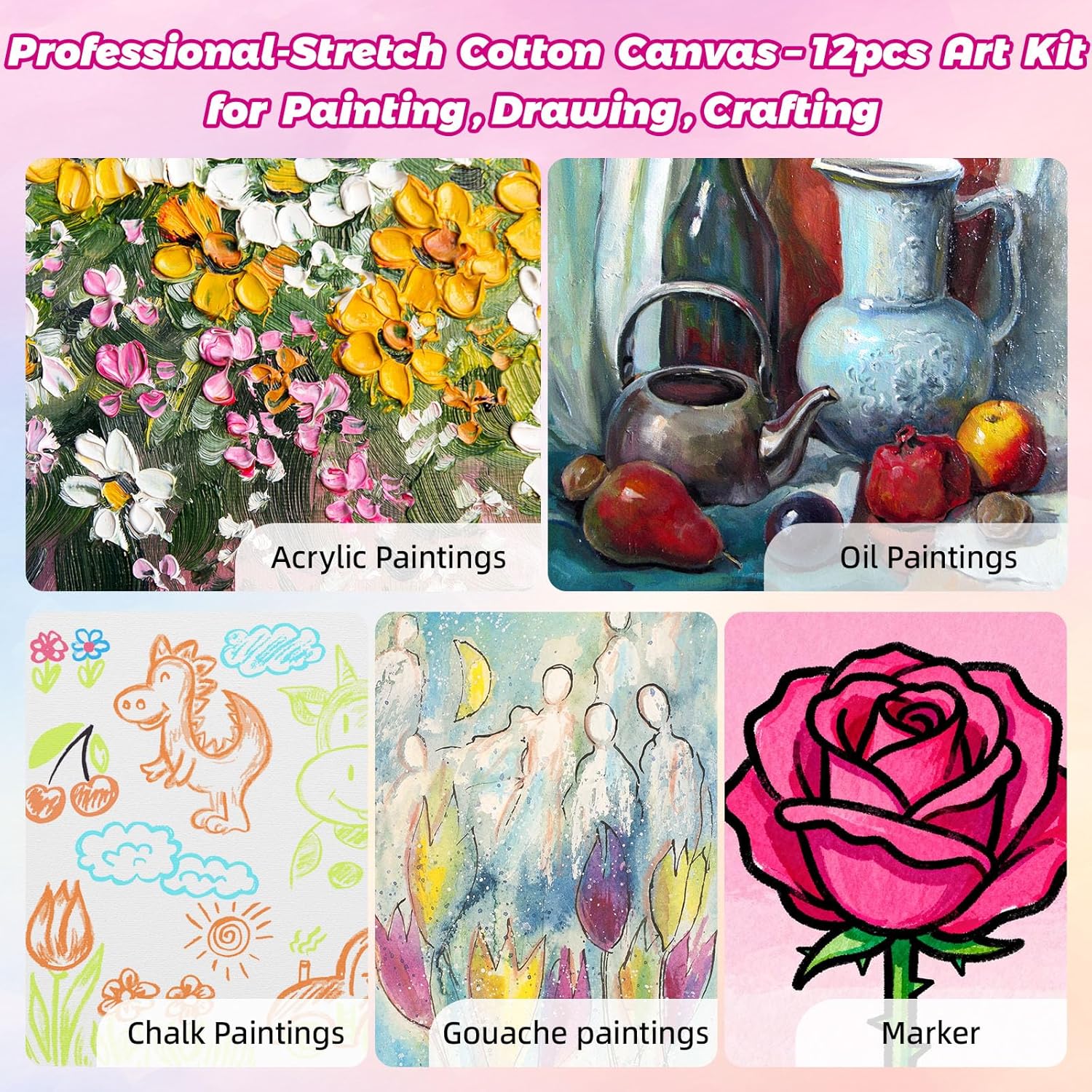 18 Pack Stretched Canvas Set for Painting Party with 8x10, 11x14, 14x18, 6 of Each, 100% Cotton Acid-Free Painting Canvas, 5/8" Profile 12oz Primed Art Canvas for Acrylic,Oil Paints - Image 7