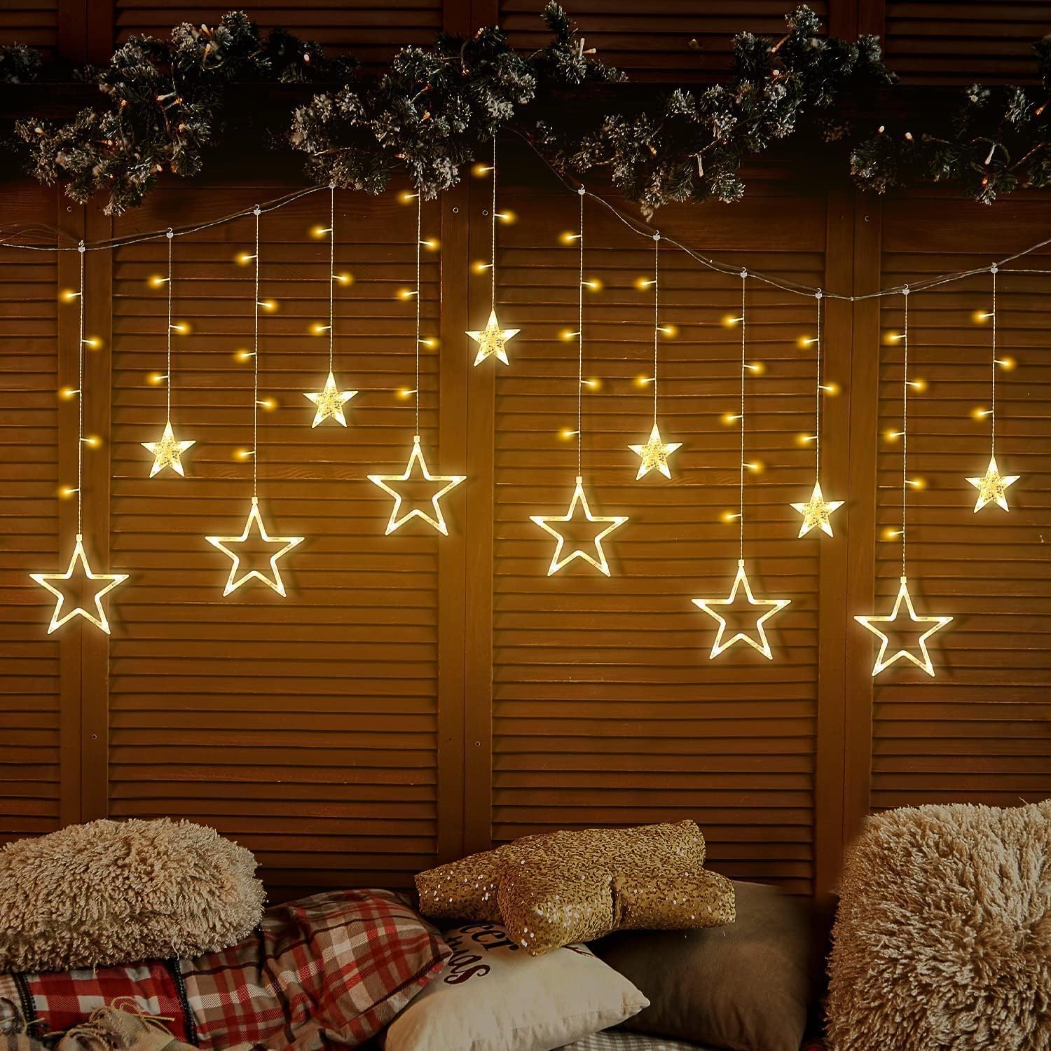 Lexton Star Curtain Light | 6 Big Star 6 Small Star Light | with 8 Flashing Modes | 12 Stars | Warm White | for Indoor & Outdoor Decorations