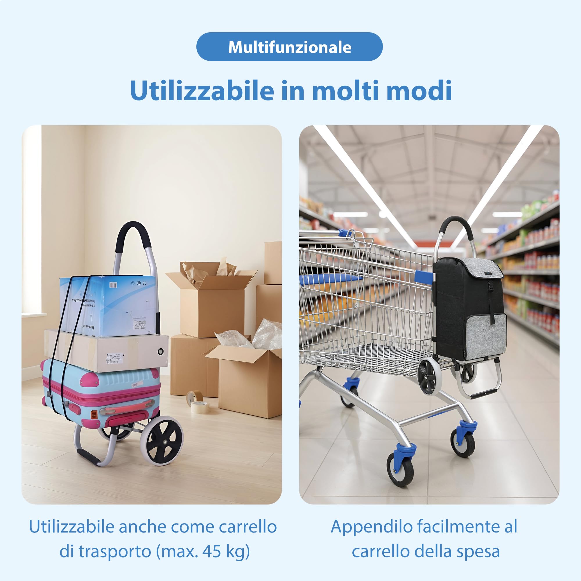 Safe Age Carrello Spesa con Ruote - Trolley Pieghevole da 45 Litri con Vano Frigorifero e Funzione Portatutto - Grigio