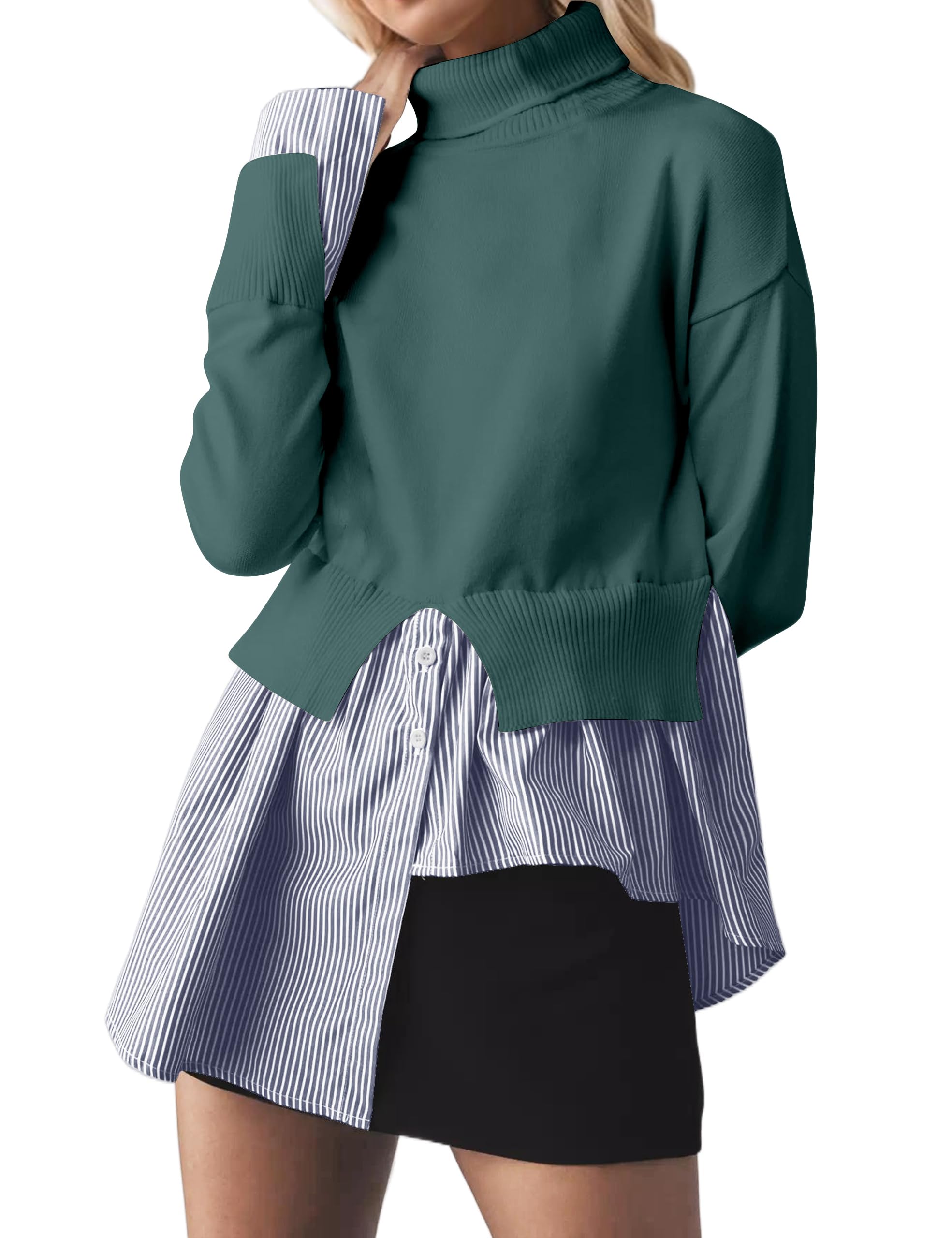 Turtleneck Asymmetrical Sweaters for Women Patchwork 2 in 1 Pullover Knit Sweater Slit Button Down Shirt 2026 Fall