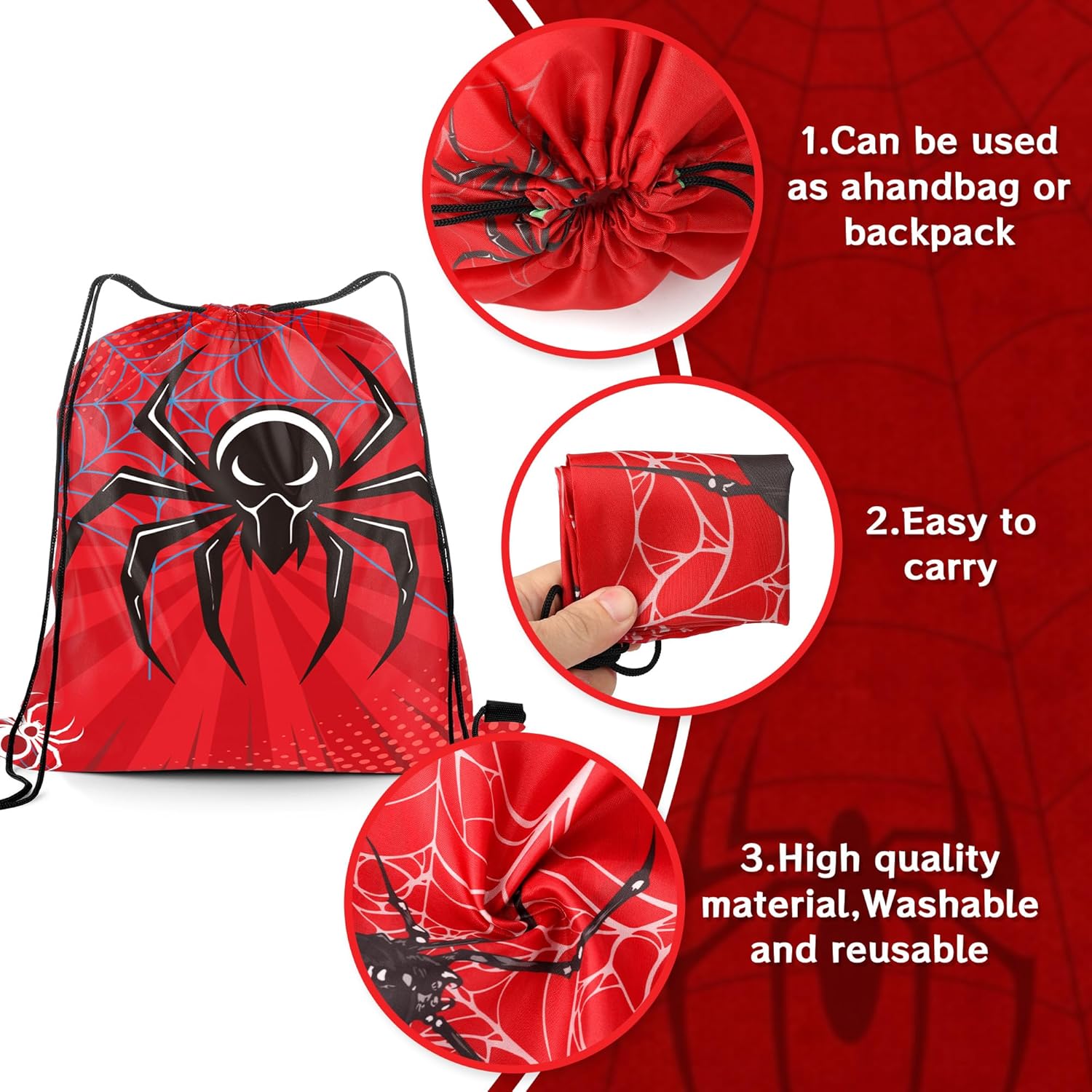 24PCS Spider Drawstring Goodie Bags - Spider Web Birthday Party Favors Candy Treat Bags for Birthday Party Decoration Supplies Backpack for Kids Boys & Girls - Image 3