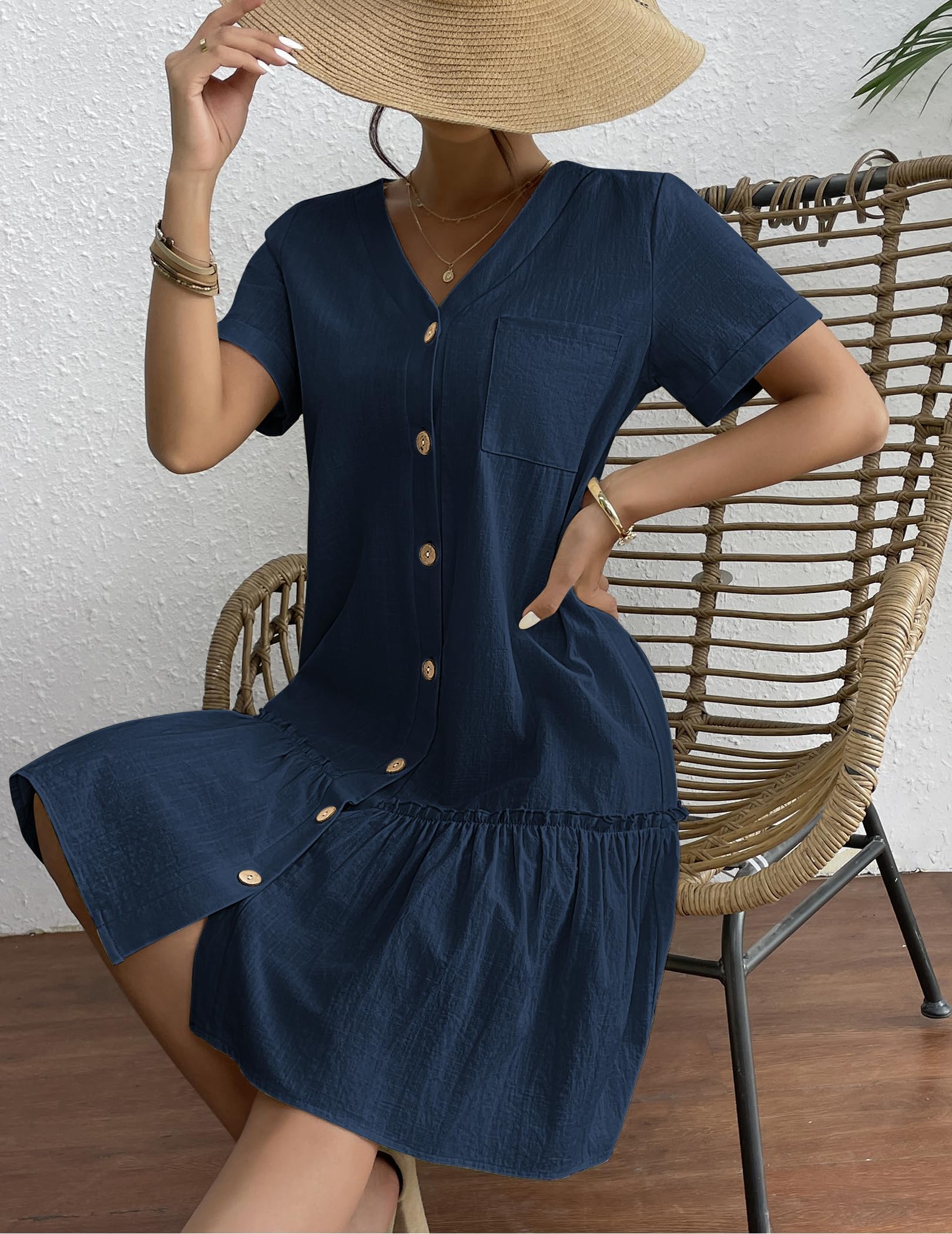 Hotouch Vestido de Verano de Mujer de Lino con Botones, Escote en V,Mini de Manga Corta, Corte A con Volantes, Ideal para la Playa
