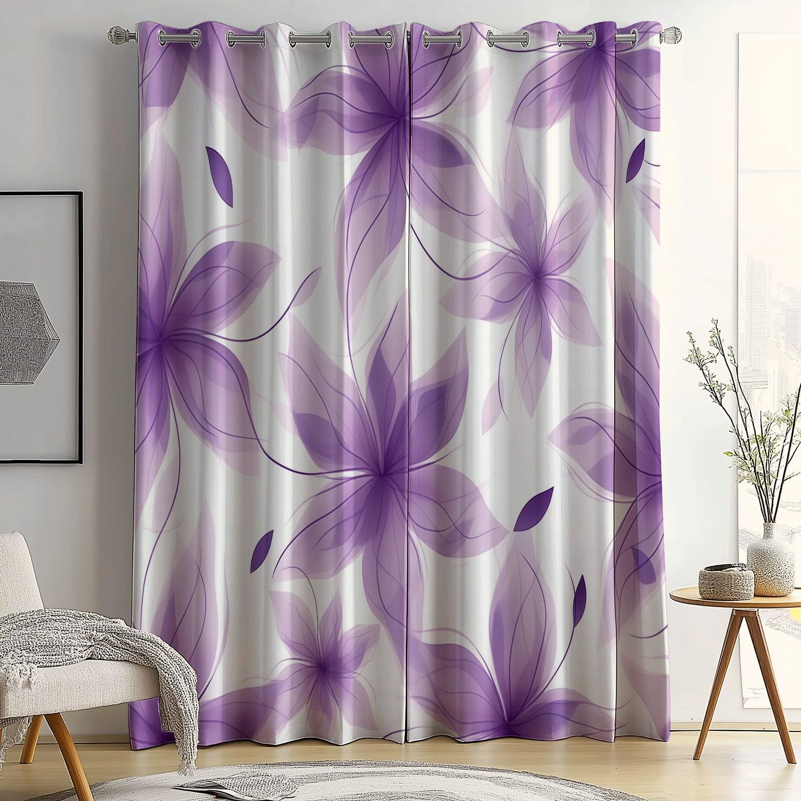 Decorative Ring Top Curtains W 46" x L 72" (2 Panels), Simple Fantasy Flowers Design, Thermal Window Drapes for Guest Bed and Study, Purple