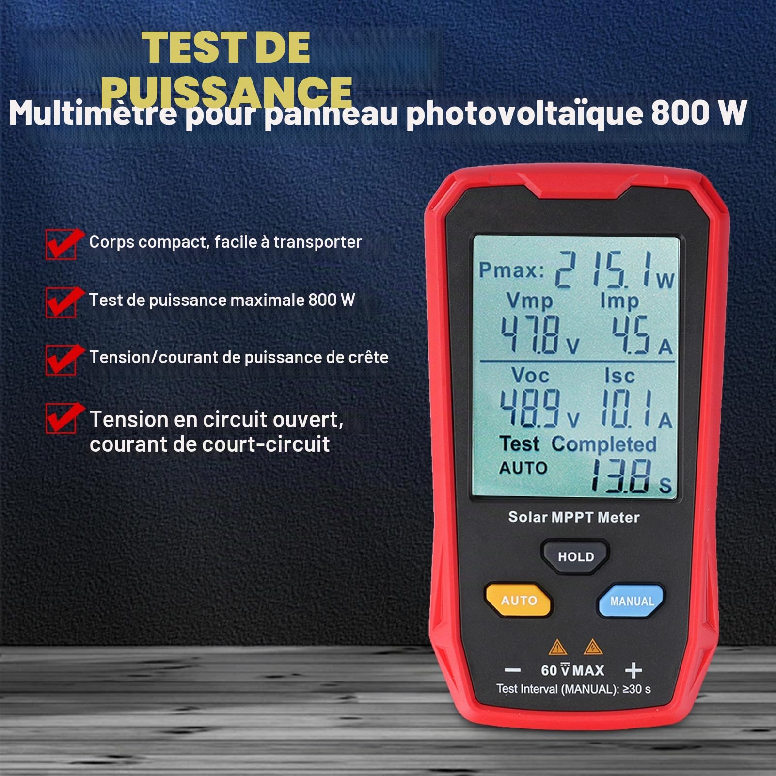 Buyweek Testeur de panneaux solaires 800 W Multimètre PV avec écran LCD, Compteur de puissance MPPT for panneaux solaires