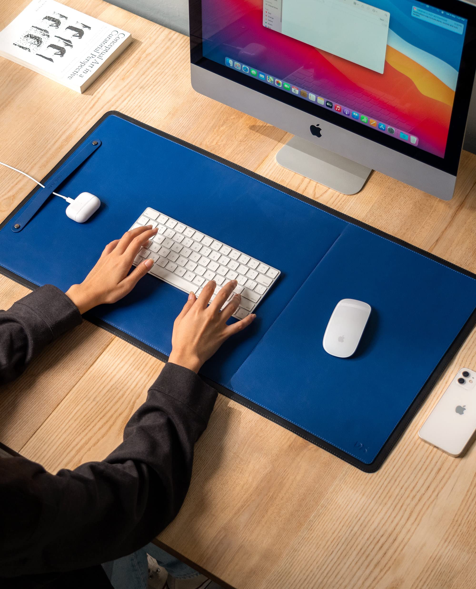 DailyObjects Dart Large Premium Vegan Leather Desktop/Laptop Desk Mat for Work from Home/Office/Gaming | Cable Organiser & Hideway Storage | Extended Mousepad & Water-Resistant - Black - Model - R2