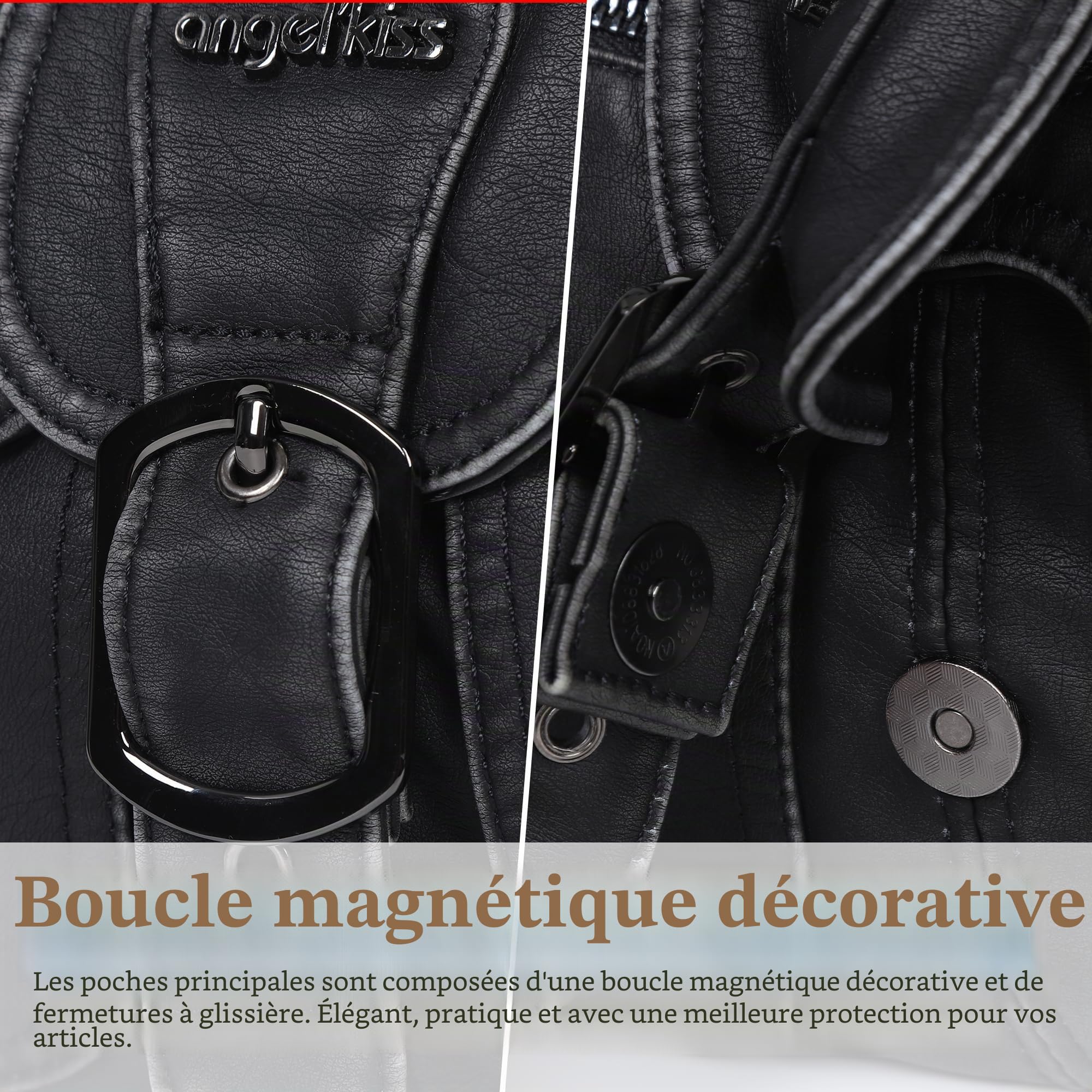 Angel Kiss Sac à main pour femme - Sac à bandoulière rétro - En cuir végétalien - Sac à main vintage - Souple - Grand sac à bandoulière pour femme - Avec bandoulière amovible