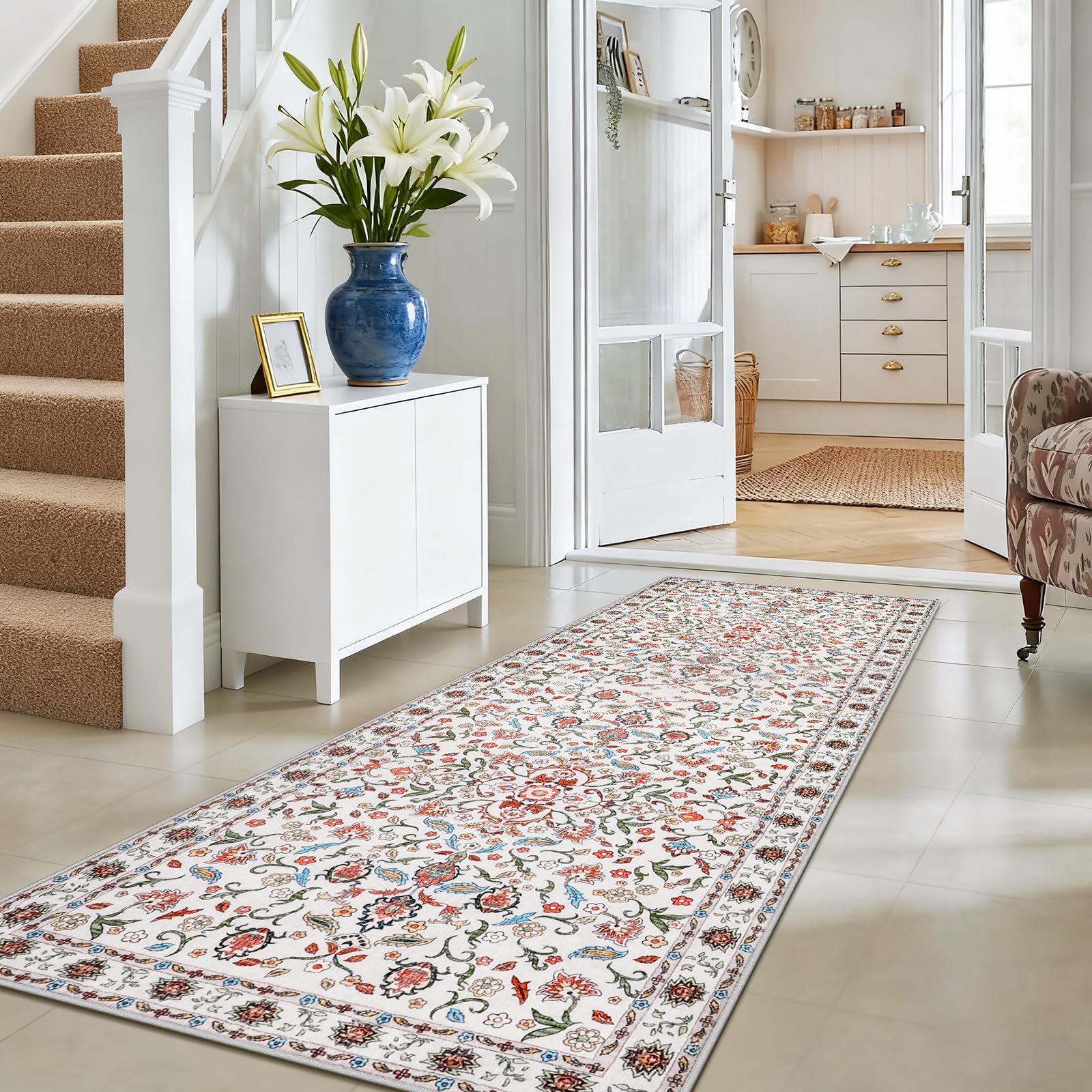 IMIYOKU Hallway Runner Rug Washable Floral Printed Carpet Runners for Hallways 65x240cm Non Slip Long Runner Floor Mat for Entryway Kitchen Bedroom Lounge Laundry Beige