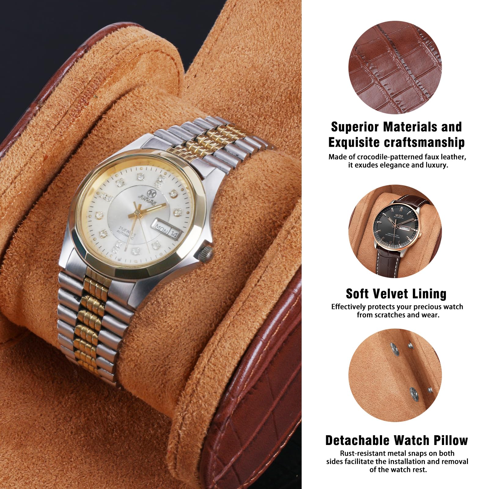 Coffret montres cuir pour 1 montres,Boite a Montre,simili cuir motif crocodile, coffret rangement luxe vintage, idéal pour les anniversaires, Noël, Saint-Valentin - (Brun foncé | 1 Fente)