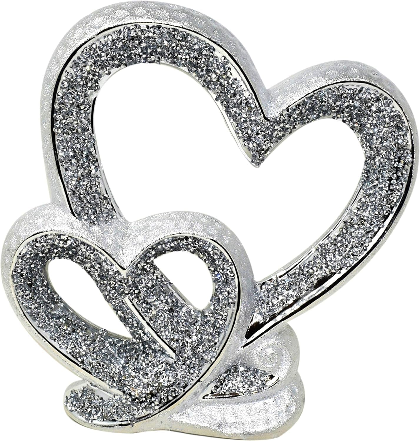 SHABJY Double Heart Crushed Diamond Ornament, 27cm, Silver, Ceramic Heart Sculpture, Home Decor, Love Statue