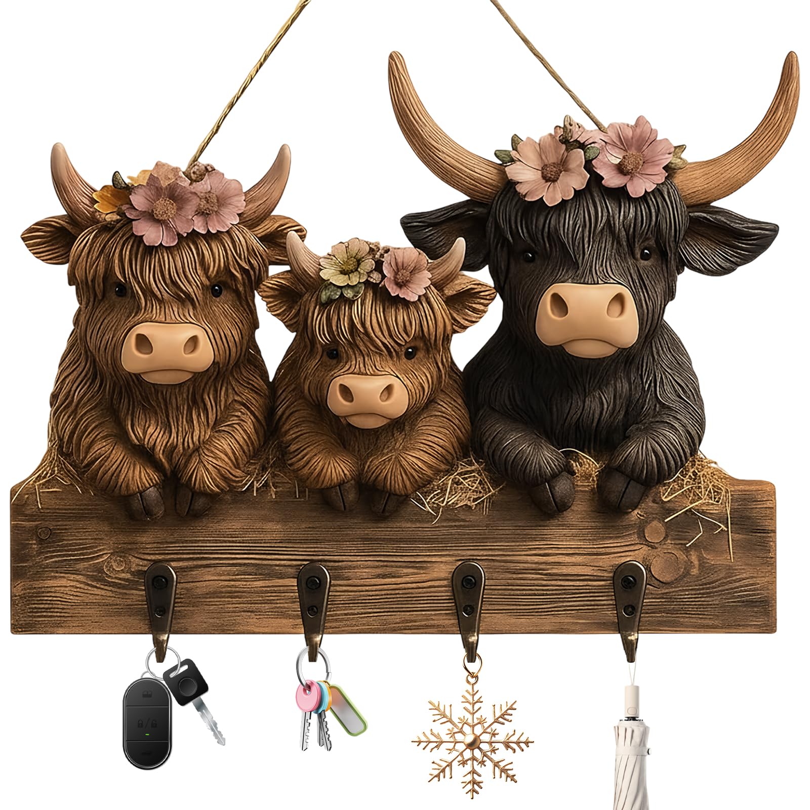 Hocklliy 2D Highland Cow Key Holder Wooden Key Holder for Wall with 4 Hooks for Wall Decor Door Entryway Hallway Kitchen Ornaments