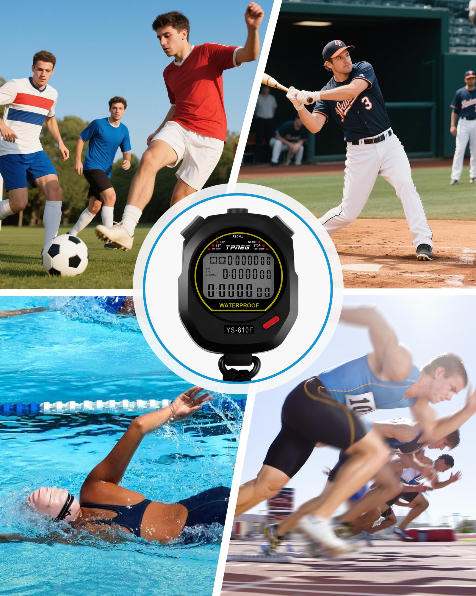 TPNEG Cronometro professionale impermeabile per allenatori: schermo grande a 3 file, memoria a 10 gruppi, modalità ritmo, orologio, sveglia, calendario, perfetto per sport, nuoto, calcio, fitness e