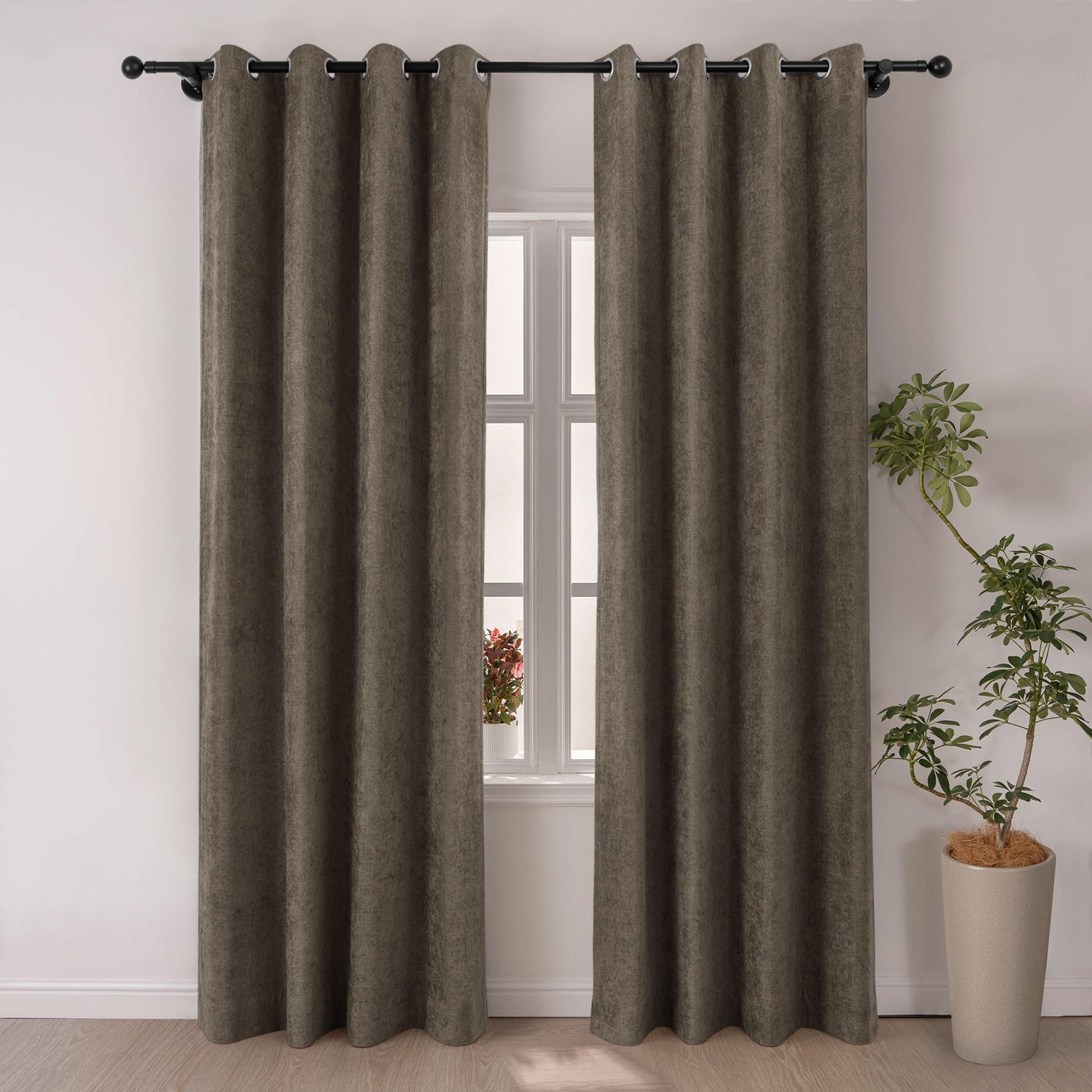 Macochico Full Blackout Chenille Curtains 102 Inches Length, Soft and Luxury Window Treatments for Bedroom Living Room Kids-Room, 84”Wx102”L Brown Grommet Drapery with Tieback, 1 Panel