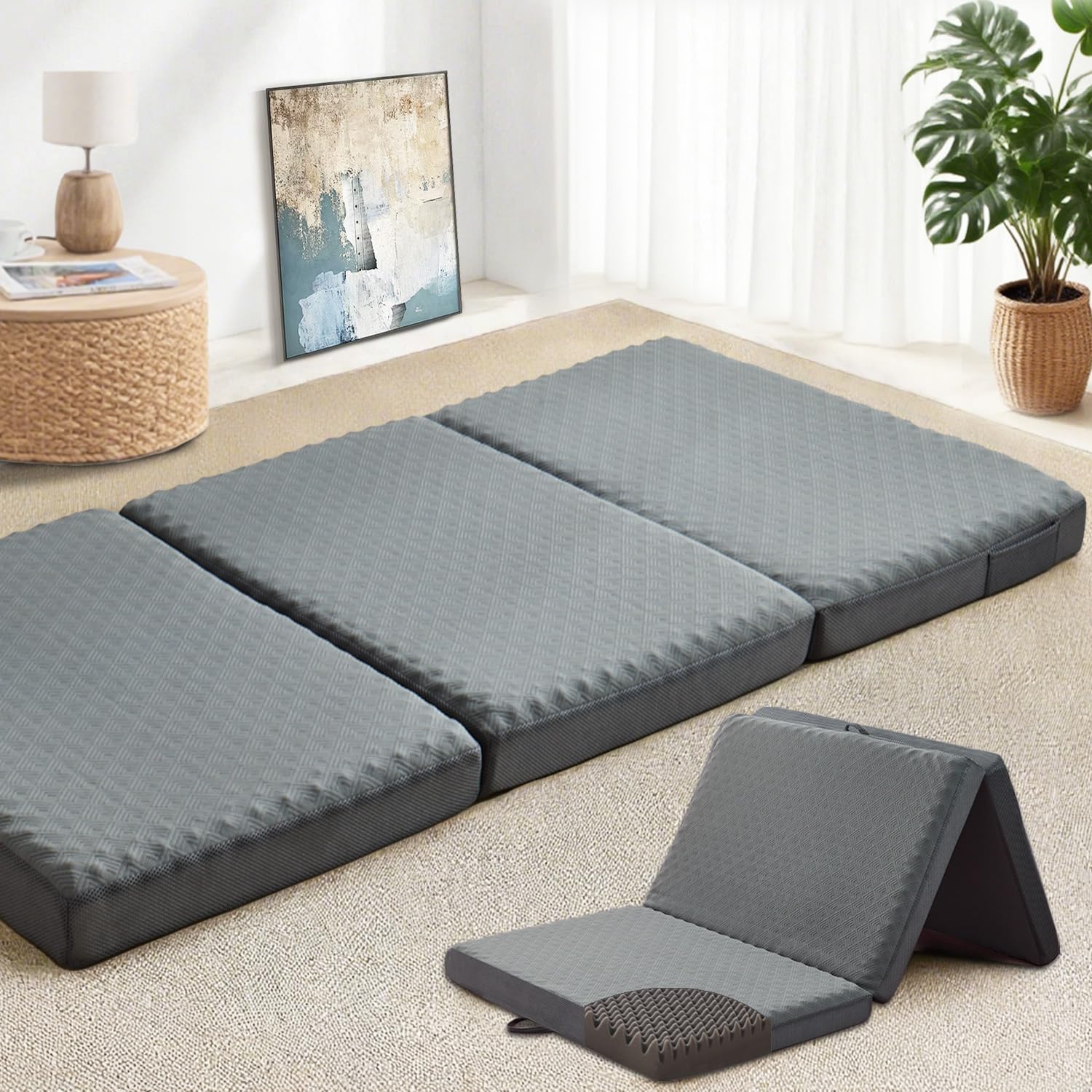 マットレス シングル 3つ折り 高反発 厚さ8cm 折りたたみマットレス 洗えるカバー 硬め180N 凹凸加工 防臭防ダニ 底面滑り止め付き 体圧分散 5年保証 97x195 cm ダークグレー aicomri