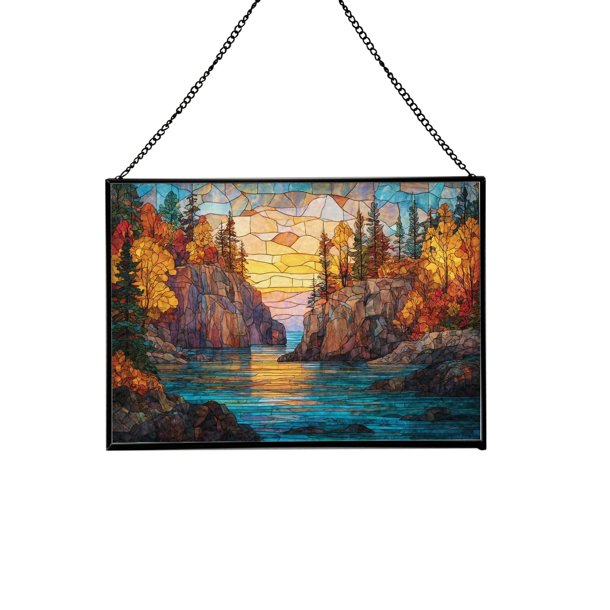 Mount Desert Island-Maine City Stained Glass Suncatcher – Rectangular Hanging Window Panel with Urban Street Scene – Custom Glass Art Gift for Travelers, Architecture, Skyline Lovers ijB638