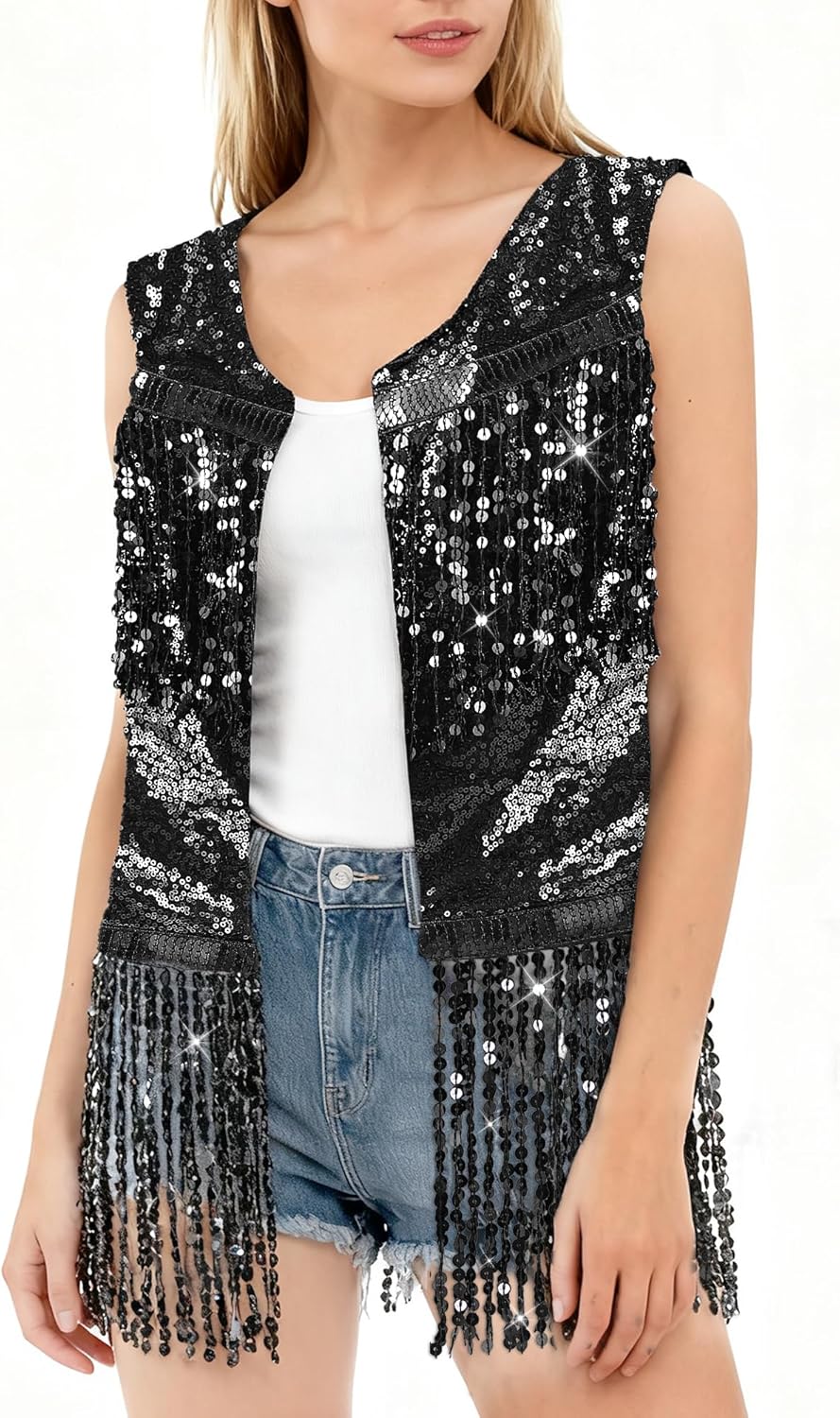 Women Fringe Vest 70s Hippie Costume Faux Suede Rivets Tassel Sleeveless Cowgirl Western Costume Jacket Outerwear