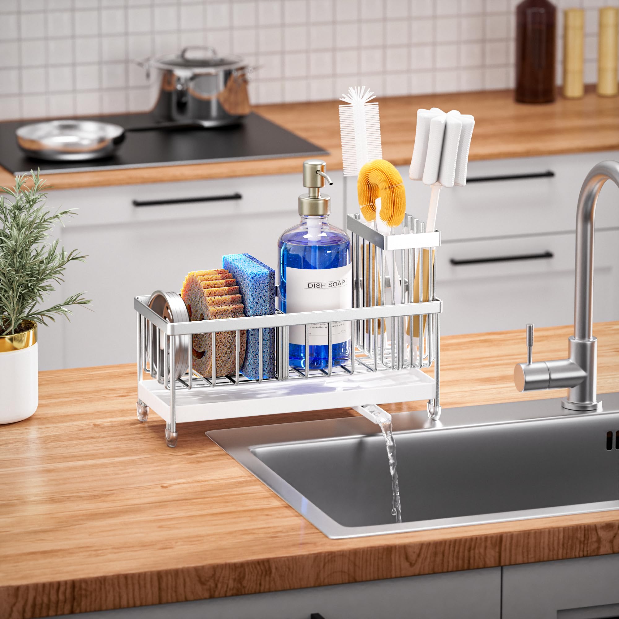 Cisily - Supporto per spugna per lavello da cucina, con porta spazzole rialzato, organizer in acciaio inossidabile antiruggine, per dispenser di sapone, accessori da cucina per l’organizzazione