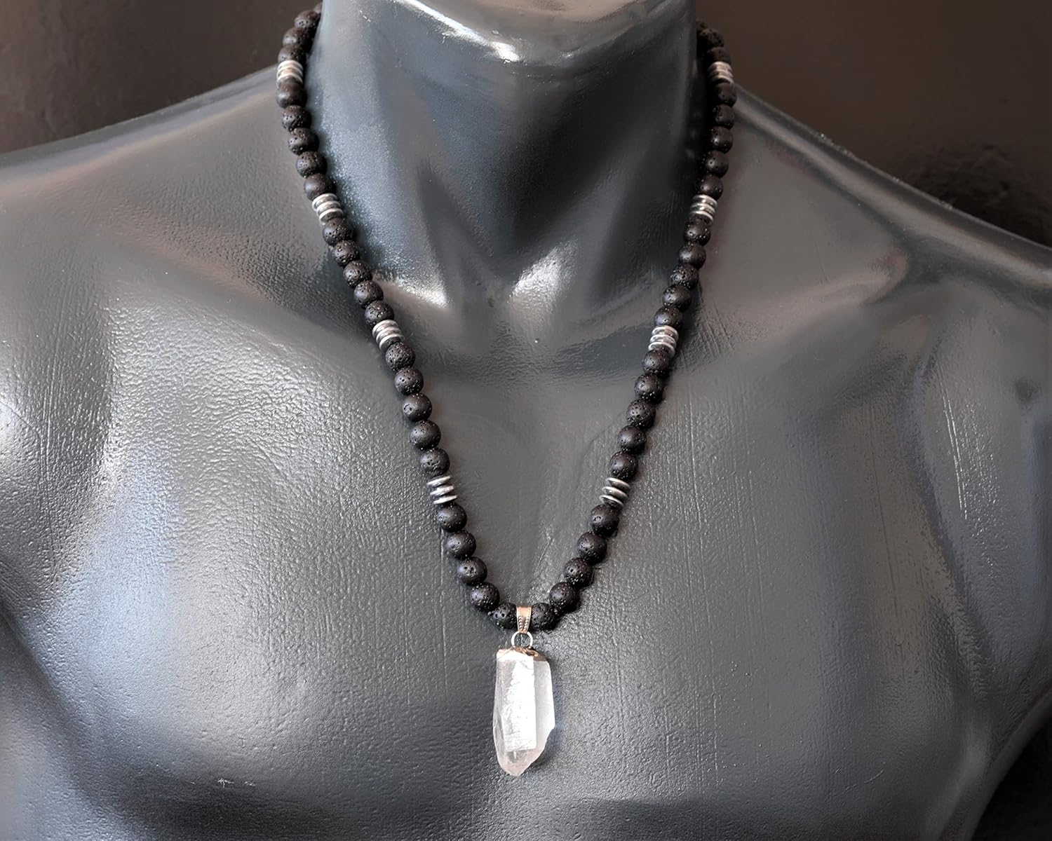 ElisaJewelryArt - Natural Raw Amethyst Crystal Pendant Black Lava Stone Beaded Necklace Genuine Gemstone Feng Shui Stone Clasp Closure Necklace Unisex Necklace - Image 2