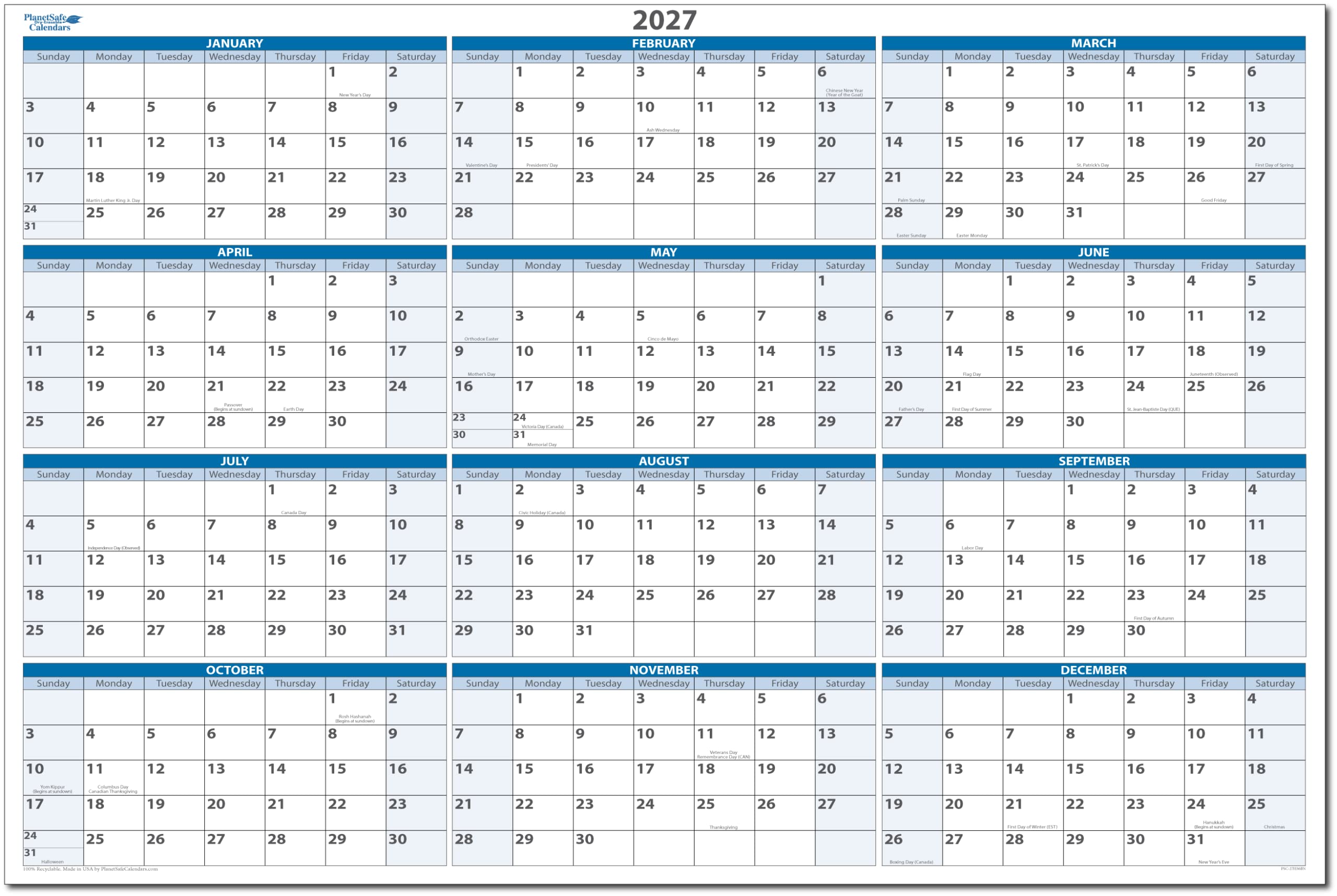 PlanetSafe Calendars 2027 Annual 24" tall x 36" wide 12-Month Horizontal Sky Blue Wet & Dry-Erasable Wall Calendar - Yearly Planner - Complete with