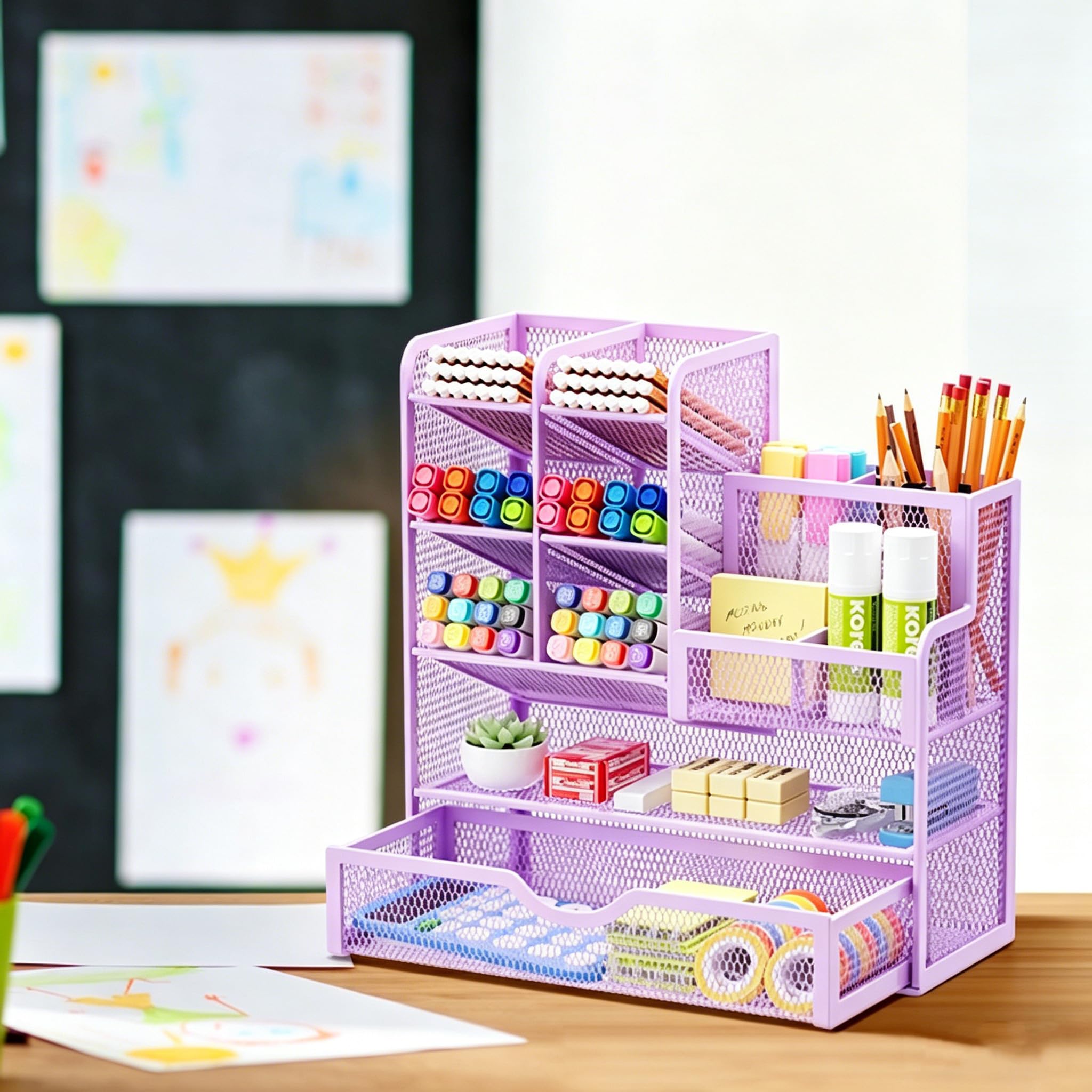 Marbrasse Organizer Scrivania in Rete,Organizer per Cancelleria,Multifunzione Porta Penne con Cassetto,Portaoggetti da Scrivania per Casa Ufficio(Viola)