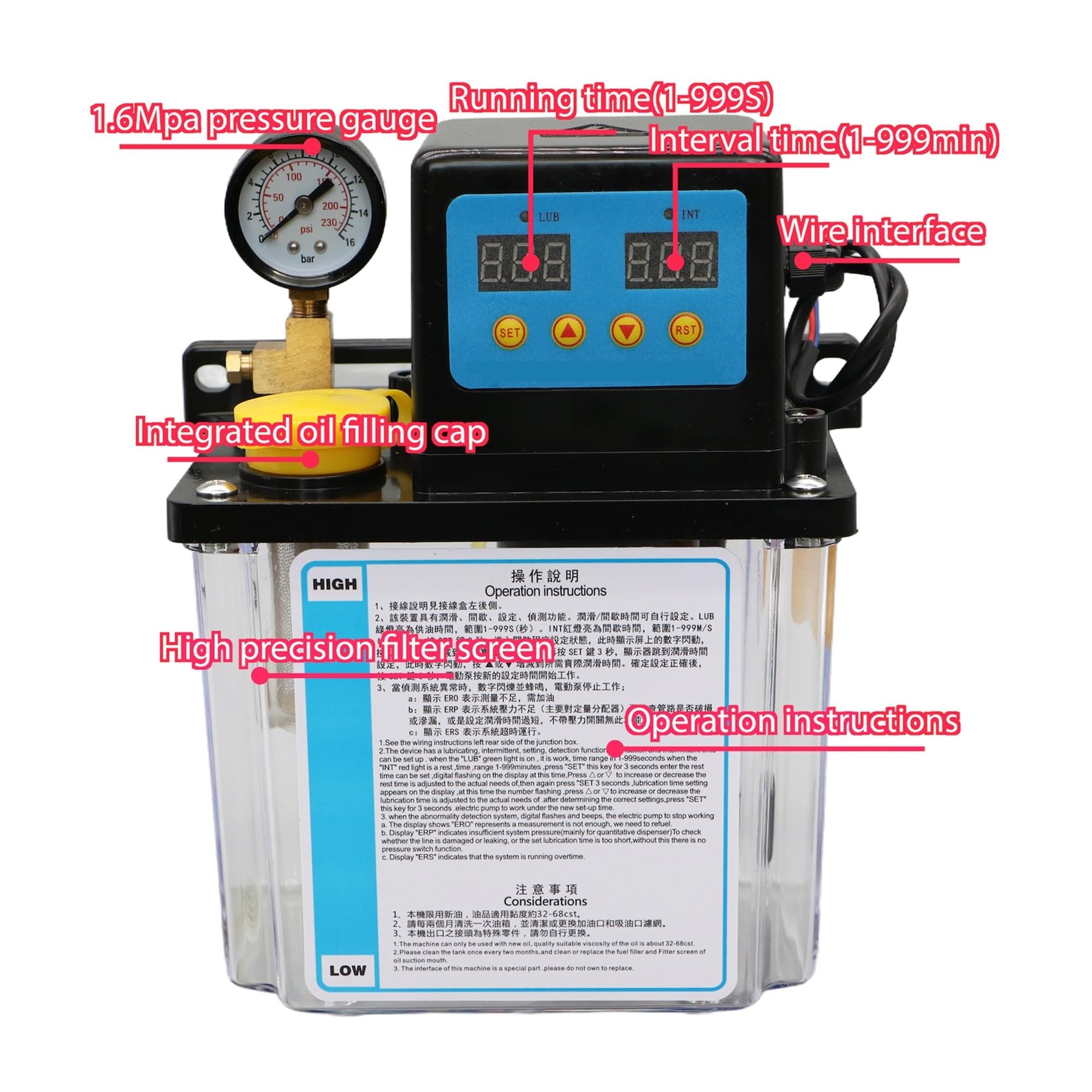 Automatyczna pompa smarująca CNC Zestaw pompy smarowania CNC 1L i 2L, AC 220V, AC 110V, 4mm 6mm (AC110V, CN_2L ZESTAW 4 MM WITHGAUGE)