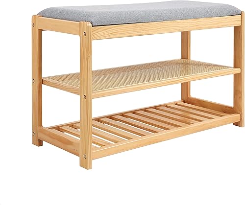 STRUGGLE Banco de zapatos, banco de almacenamiento con cojín, zapatero de ratán de 3 niveles para entrada, organizador de zapatos rústico, banco de