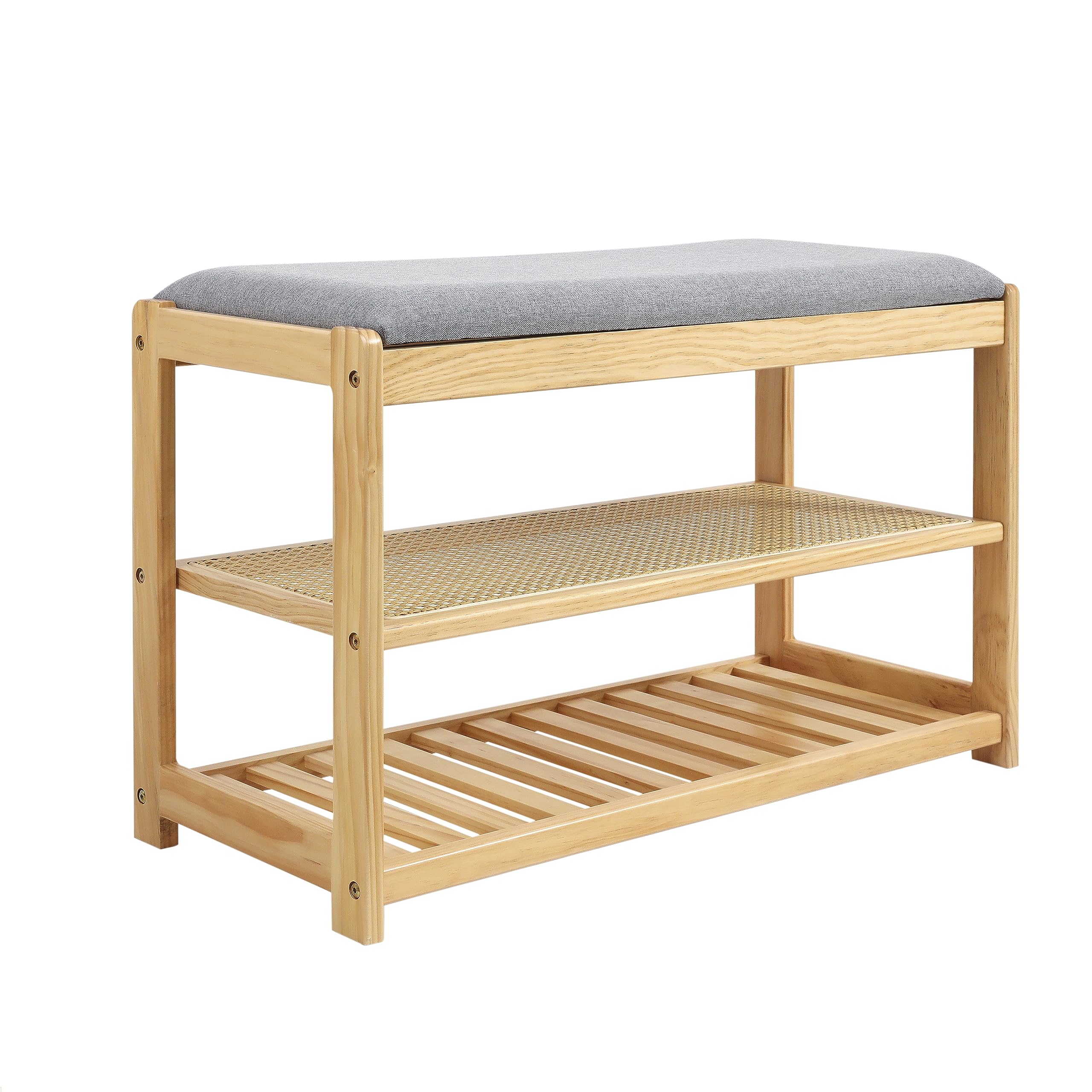 STRUGGLE Banco de zapatos, banco de almacenamiento con cojín, zapatero de ratán de 3 niveles para entrada, organizador de zapatos