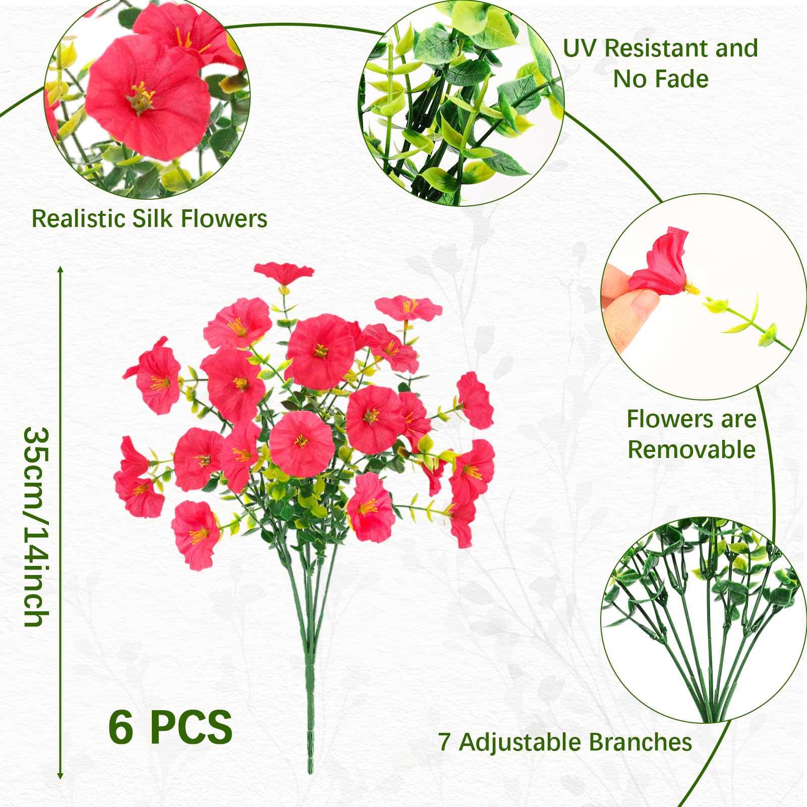 6 Bundles UV Resistant Artificial Flowers, Realistic Faux Plants for Garden, Rose Red - Image 3